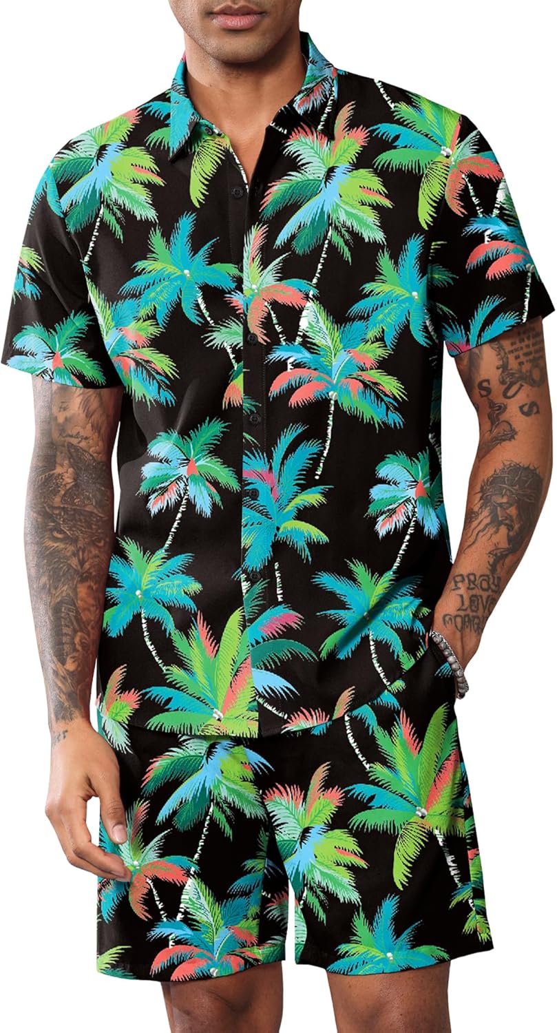 LecGee Mens Coconut Tree Hawaiian Sets Casual Short Sleeve Button Down Shirts Shorts 2 Piece Outfits Summer Tracksuit - Image 2