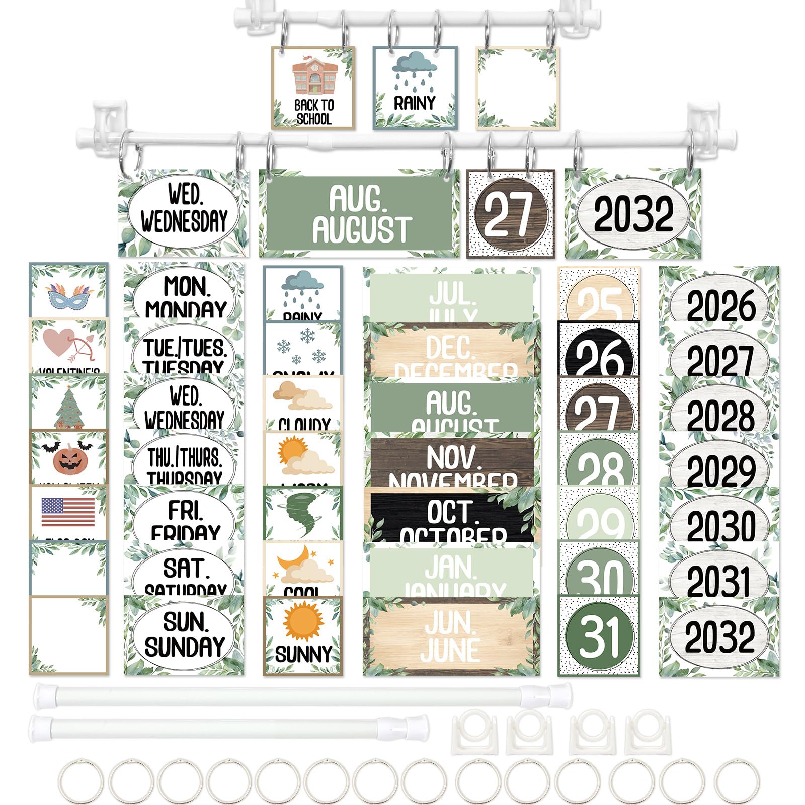 Calendario abatible con soporte ajustable, hojas de eucalipto, juego de decoración de tablón de anuncios, 96 tarjetas de fecha, calendario abatible ajustable para sala de estudio, aula, decoración del