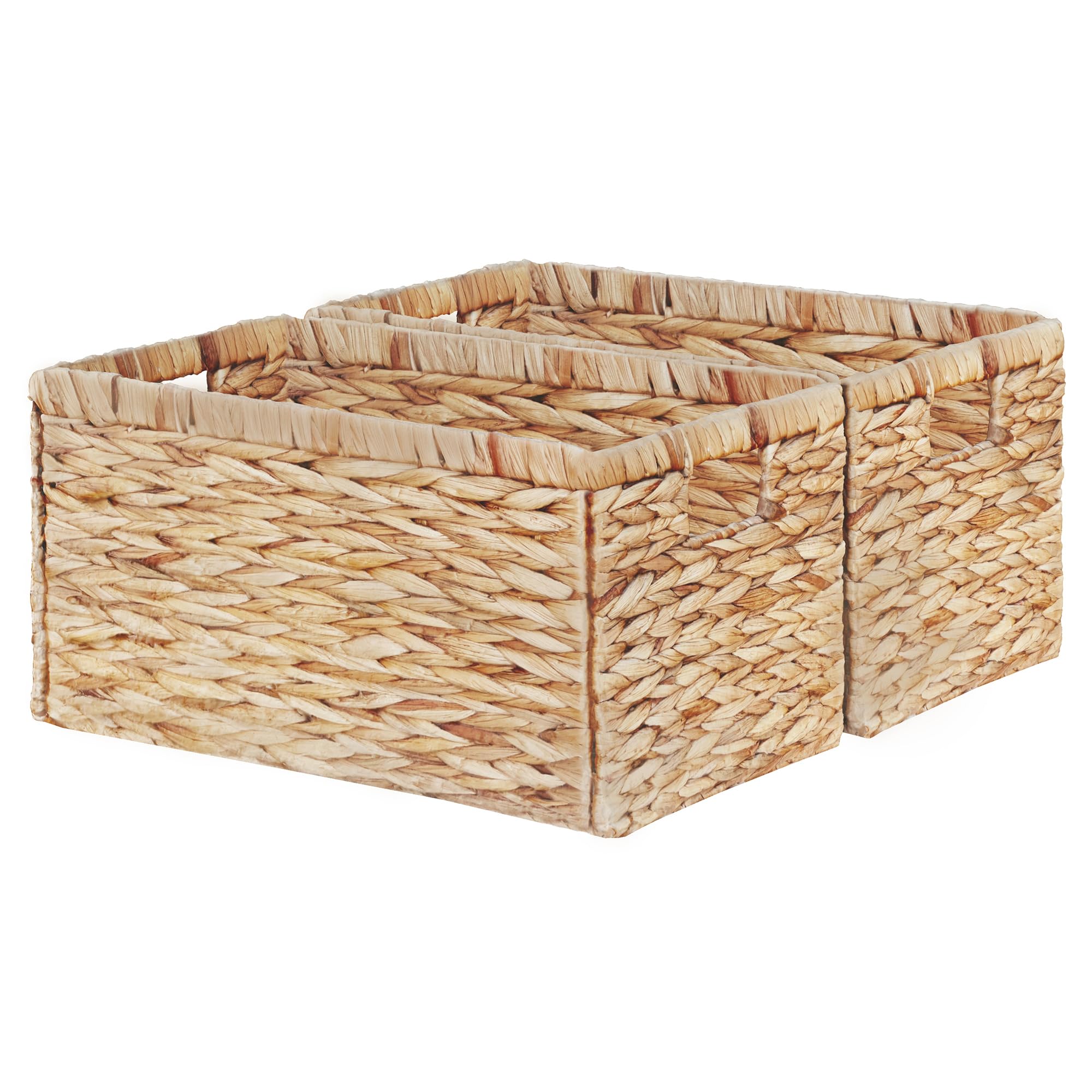 Vagusicc Set of 2 Water Hyacinth Storage Baskets, Wicker Basket Organizer Bins with Handles for Shelves, Foldable Storage Cubes Storage Baskets for Kitchen Organization & Decoration
