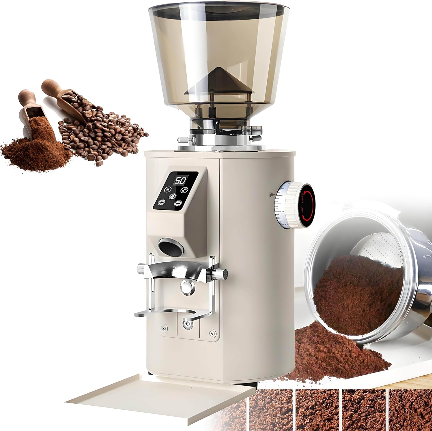 Commercial Coffee Grinder, 64mm Flat Burr, Anti-Flying Grounds Outlet, 9 Grinding Settings, Smart Buttons for Cafés and Home Use Beige