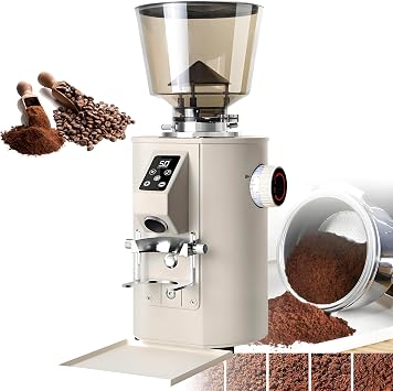 Commercial Coffee Grinder, 64mm Flat Bar, Anti-Shatter Outlet, 9 Grind Settings, Smart Button, Cafe and Home Beige