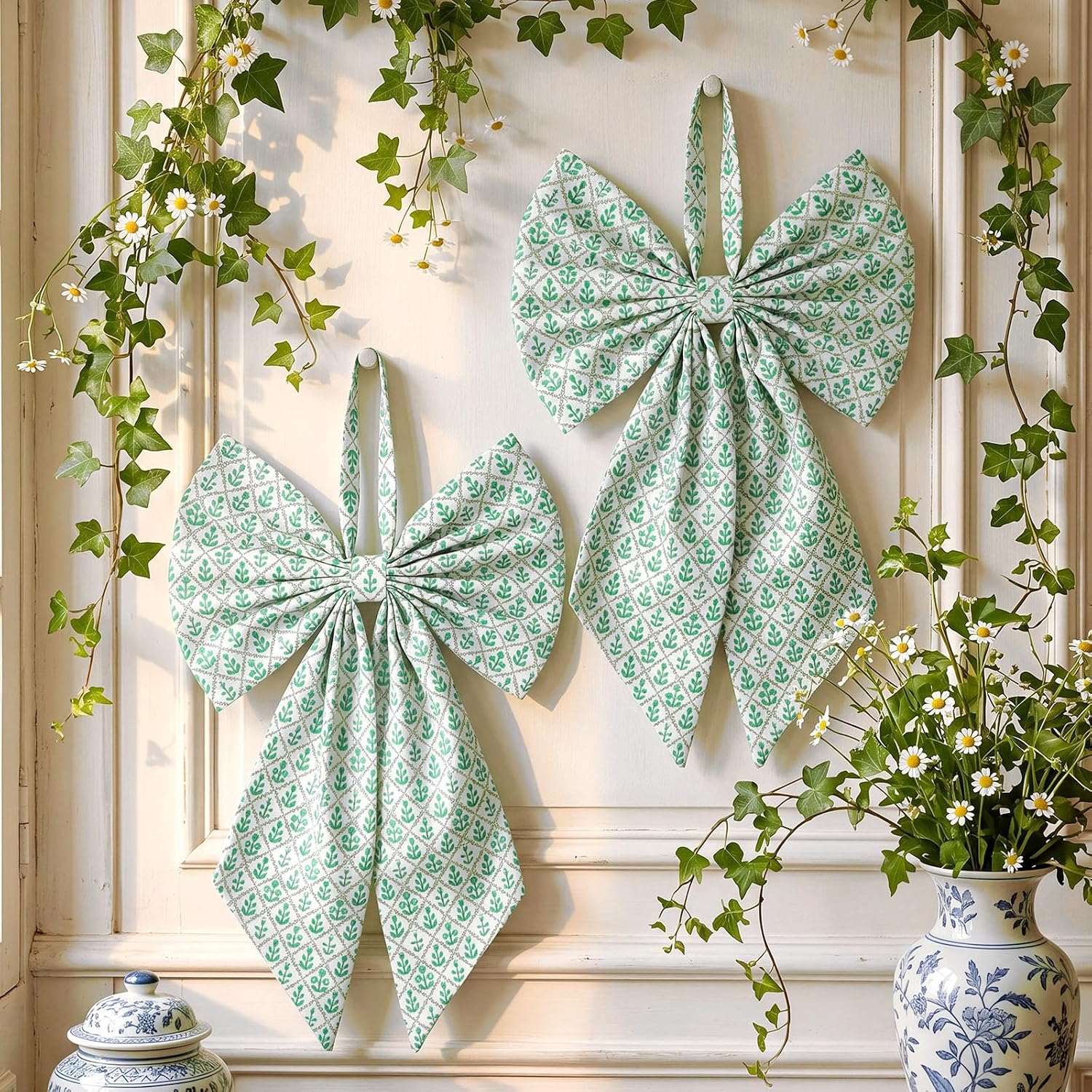 XunYee 2 Pcs Green Block Print Wreath Sash for Front Door, 24 x 16 Inch Floral Burlap Wreath Bow Ribbon Accessories for Wedding Anniversary Yard Indoor Outdoor Bridal Shower Home(Green Block Print)