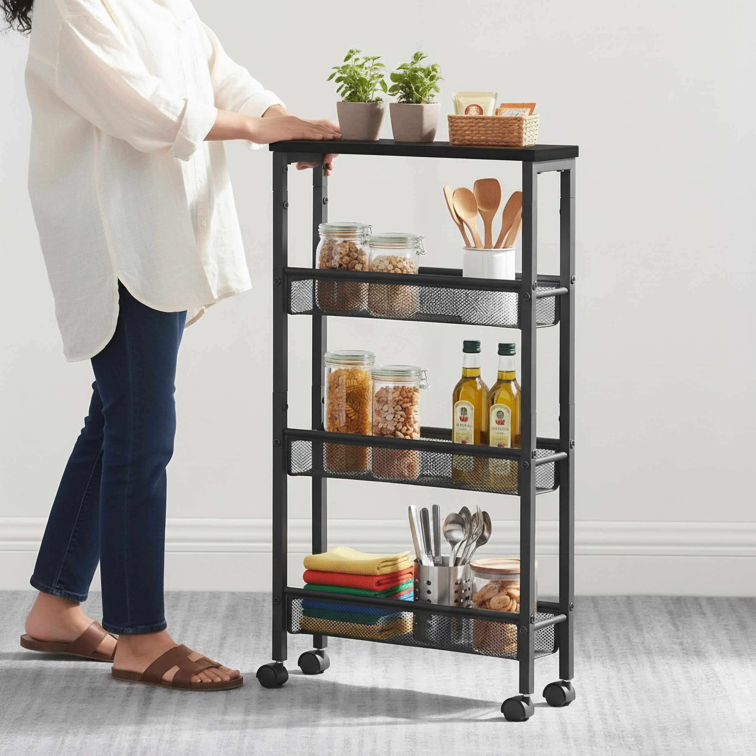 Carro para nichos Relaxdays, 77 x 13 x 45,5 cm, estantería Estrecha para baño y Cocina, 4 Niveles, con Ruedas, Negra