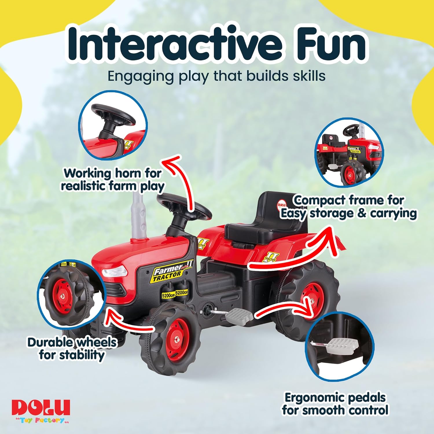 DOLU Pedal Operated Ride On Tractor for Kids, Durable Outdoor Toy Vehicle with Fun Horn and Sturdy Build, Ideal for Ages 3 Years and Older, Red
