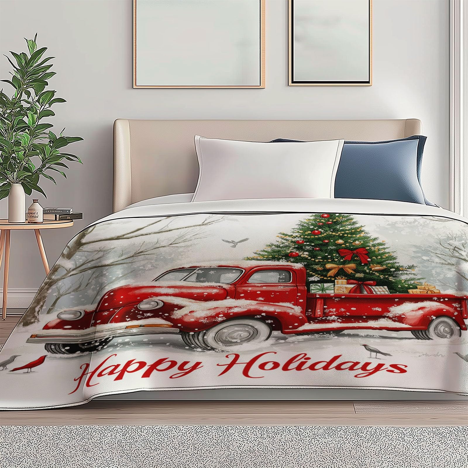 Manta de Franela Polar, Suave y cálida, con Estampado Navidad Camión Retro Manta de Viaje para Dormitorio Sala de Estar Oficina 200 x 220 cm, Blanco