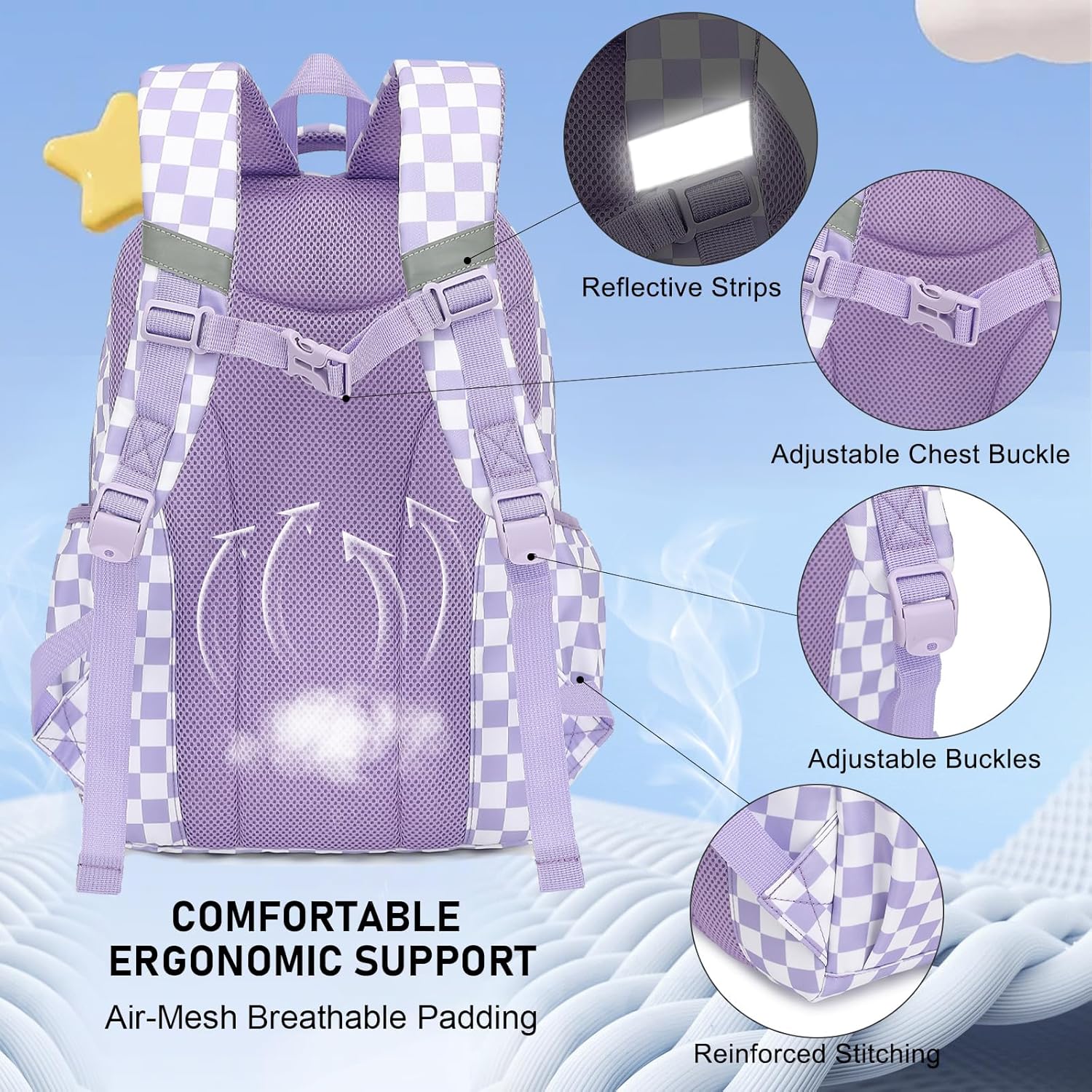 Girls School Backpack Set - Teens Kids School Bag Bookbag with Lunch Box Pencil Case for Elementary Middle School (Checkered Purple)