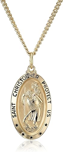 Tienda Collection Oval Saint Christopher Medal Necklace with Rhodium Plated Stainless Steel Chain, 20"