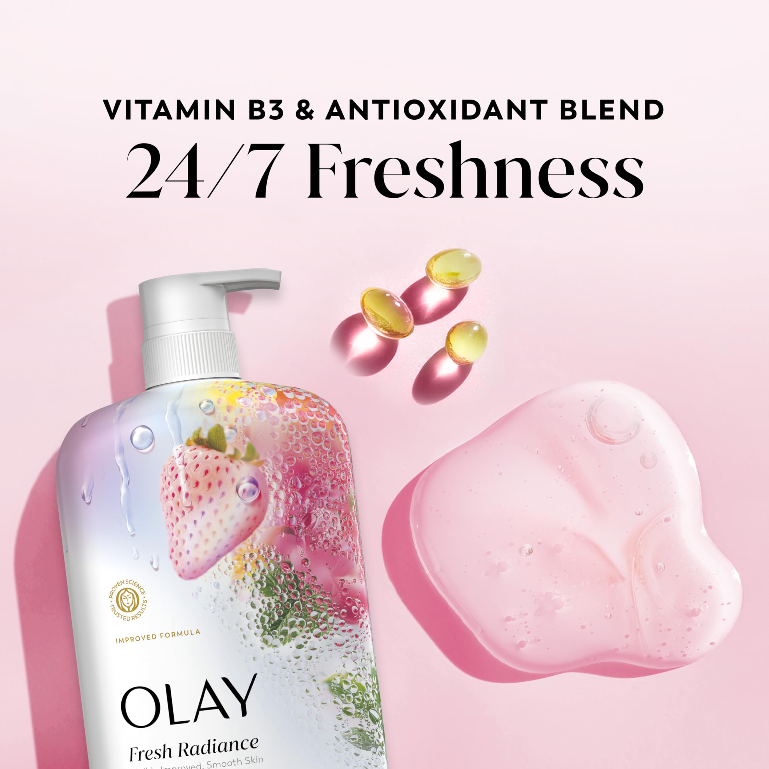 Olay Body Wash for Women, Fresh Radiance, 24/7 Skin-Loving Freshness, Visibly Radiant, Plant Based Cleansers, Vitamin B3 & Antioxidant Blend, For All Skin Types, Strawberry & Mint Scent, 29 fl oz - 3