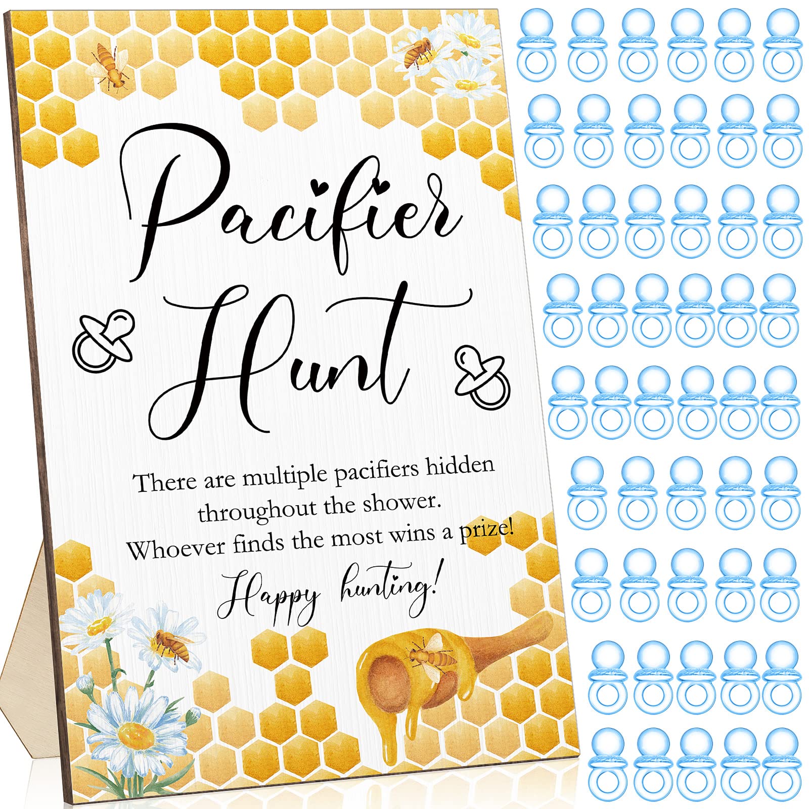 Roowest 51 Pcs Pacifier Hunt BabyShower Games Include Wooden Hunt Sign and 50 Acrylic Mini Plastic Pacifiers for BabyShower Game Decoration Gift Sets