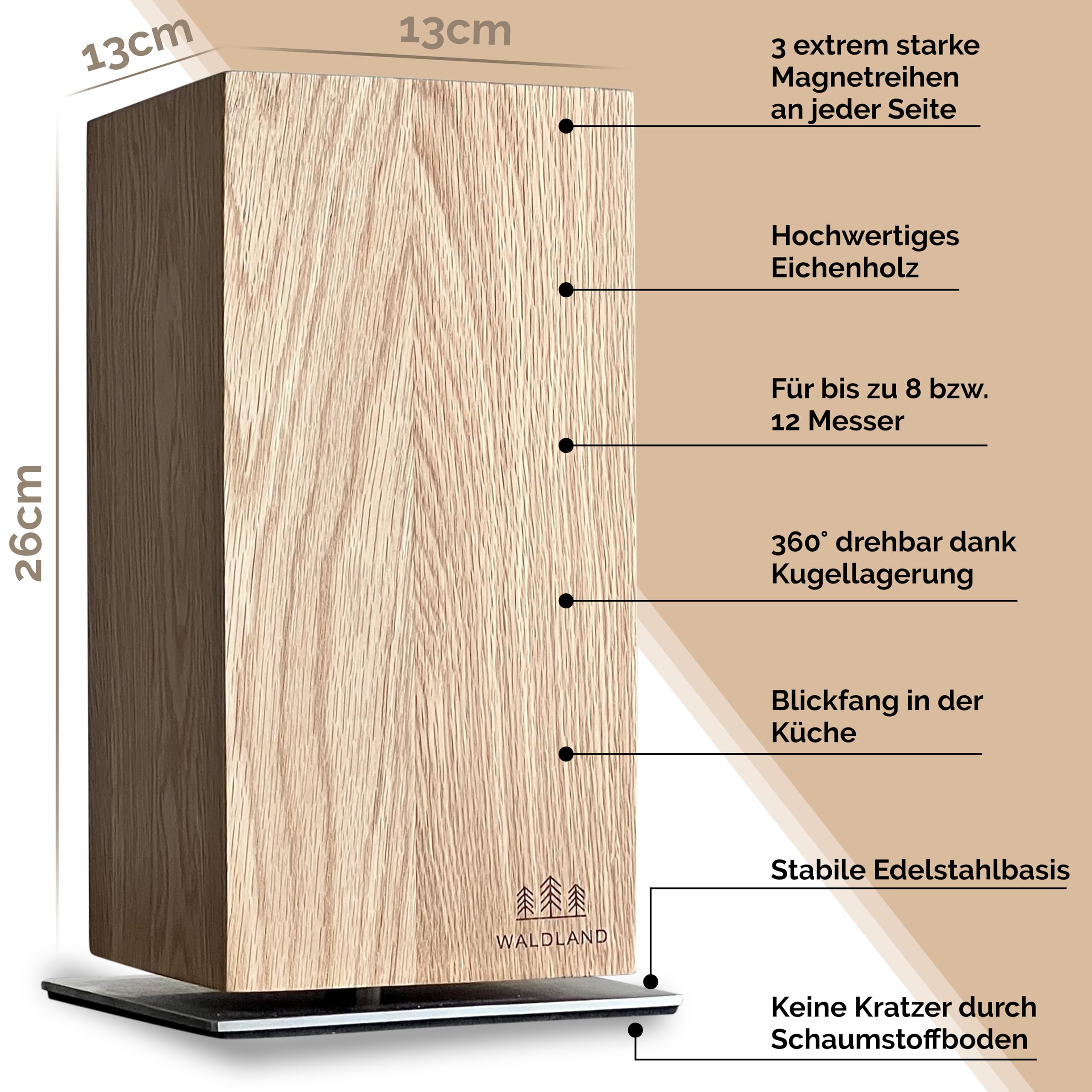 WALDLAND Bloque de cuchillos premium sin cuchillos, bloque magnético y giratorio 360°, de madera de roble elegante y resistente, soporte magnético para cuchillos, bloque de madera, bloque de soporte