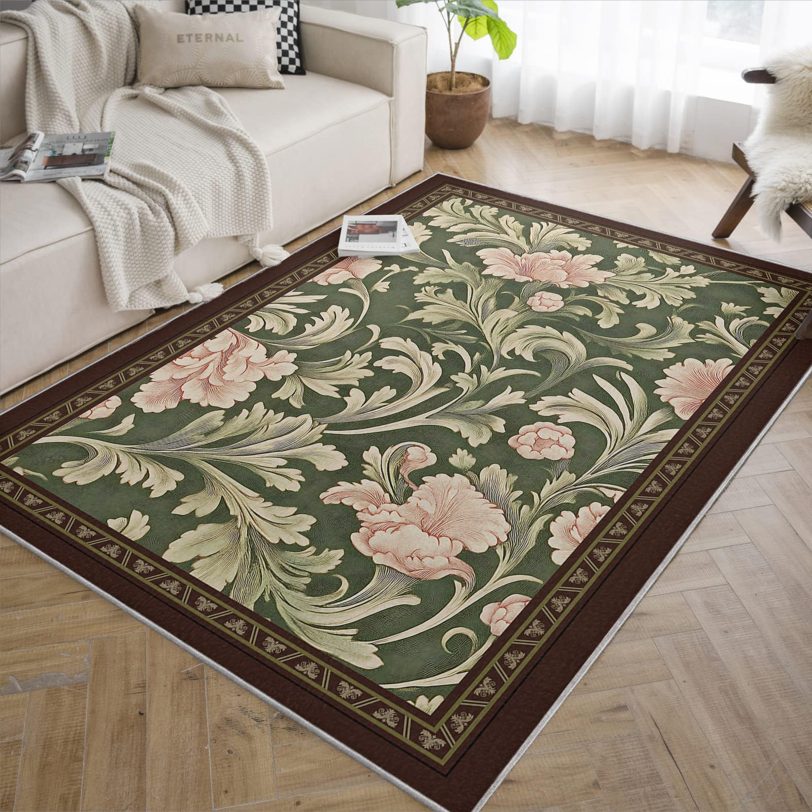 Dywaniki do domu wiejskiego z brązowymi obramowaniami, 150 x 210 cm, ciemnozielone, botaniczne, dekoracja podłogi, różowe kwiaty, dywan do sypialni, salonu, niskie runo, łatwy do czyszczenia