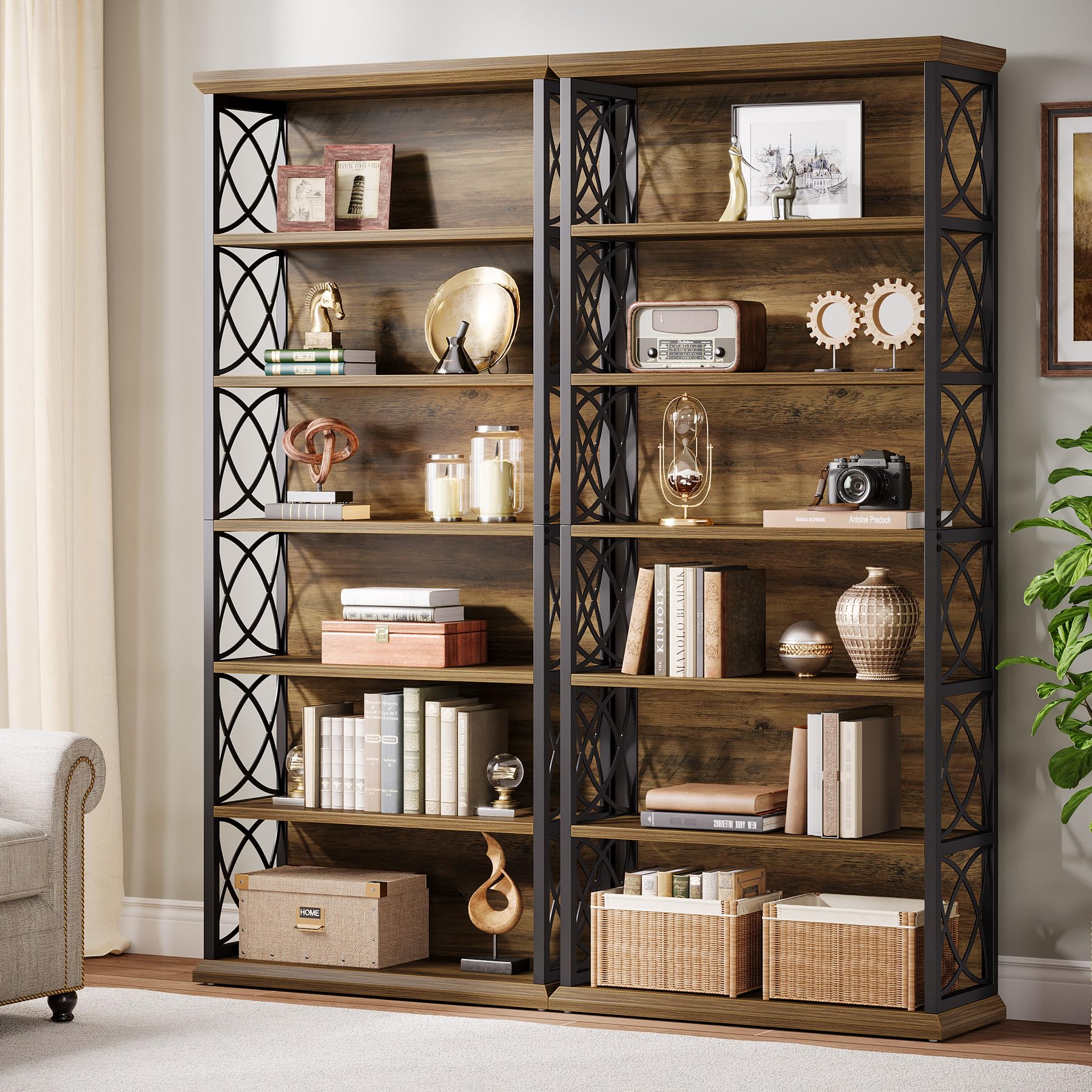 Tribesigns Libreria a 6 Ripiani, Alta 185 cm con Industriale Ripiani Aperti, Scaffale Portaoggetti Indipendente, Verticale Organizer per Casa, Ufficio, Studio, Marrone e Nero