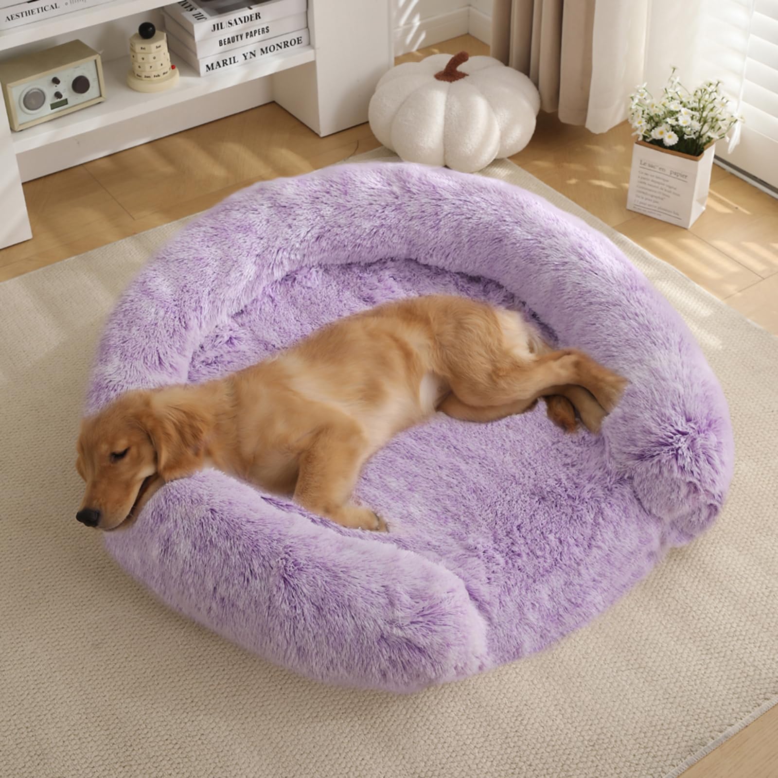 Cama ortopédica para perros, cama redonda para mascotas, cama lavable para perros pequeños y medianos, cama esponjosa para gatos, funda extraíble y antideslizante (lila, M)