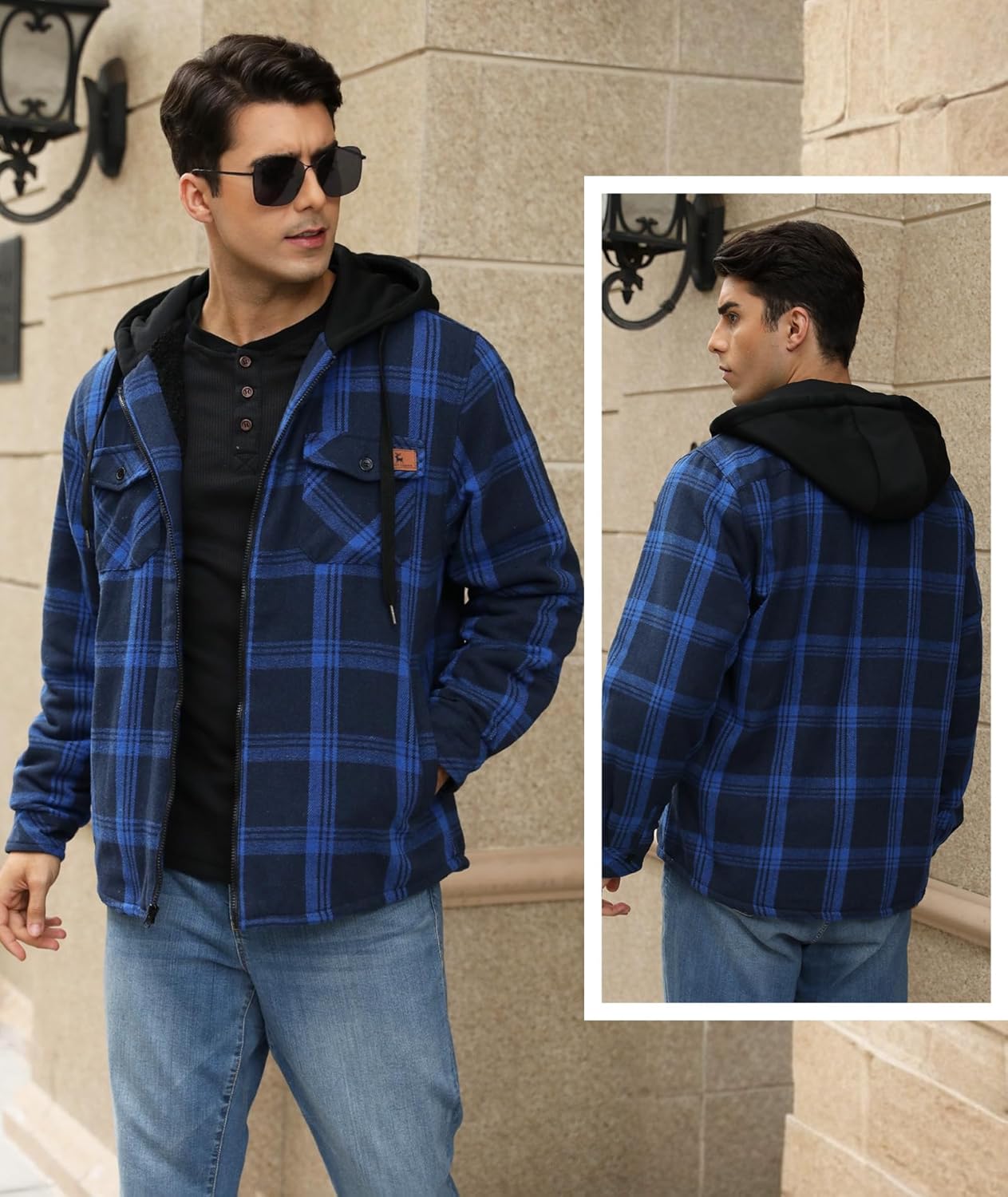 V VALANCH Men's Flannel Shirt Jacket with Hood Fleece Lined Plaid Jacket Zip Up Winter Warm Coat - Image 2