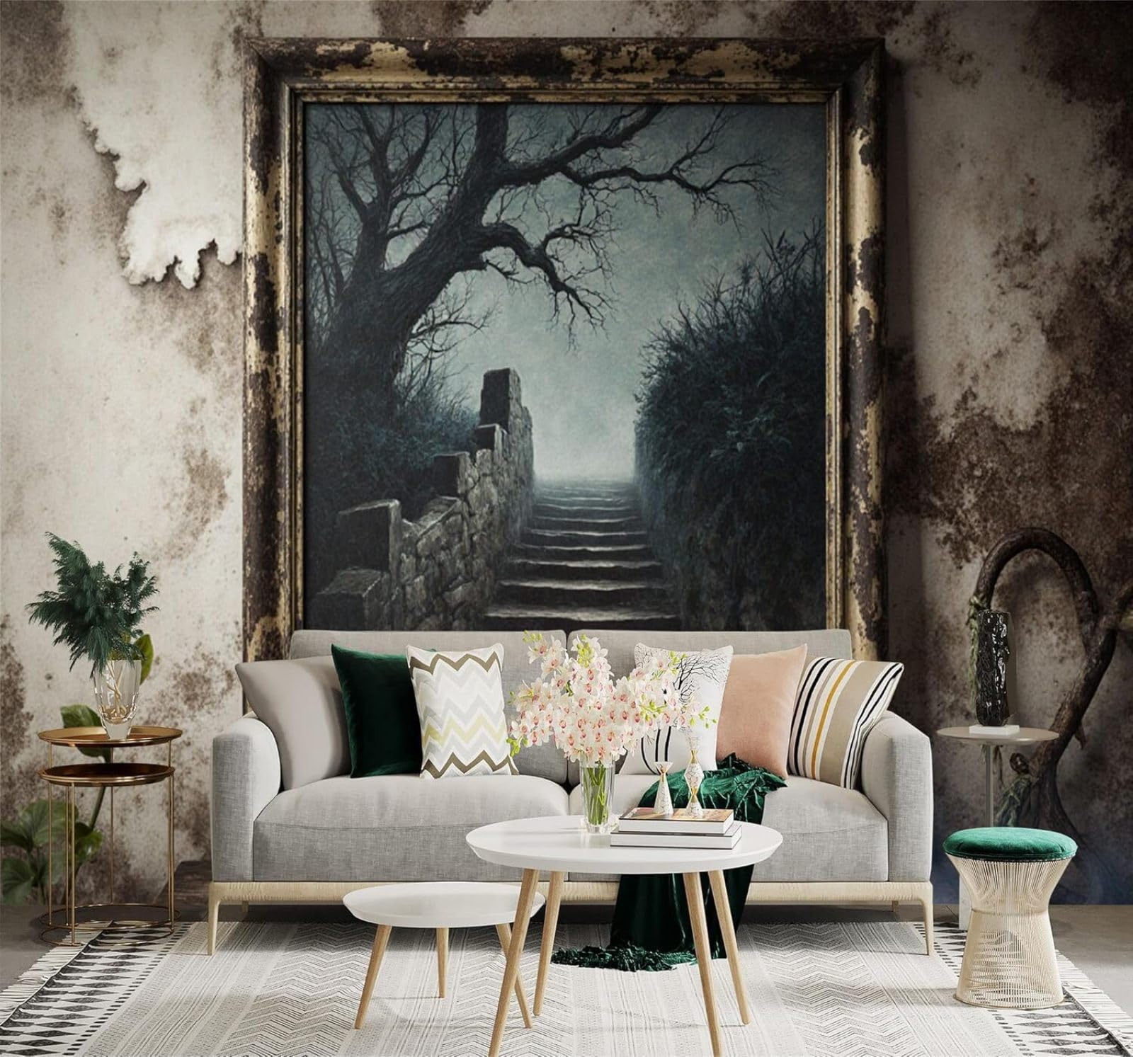 Xlming 400Cm×280Cm(B×H) Vintage Bare Trees Misty Path Haze Stone Steps 3D Wallpaper Premium Textured Silk Study Dining Living Room Bedroom Sofa Tv Wall Easy Install-400Cm×280Cm