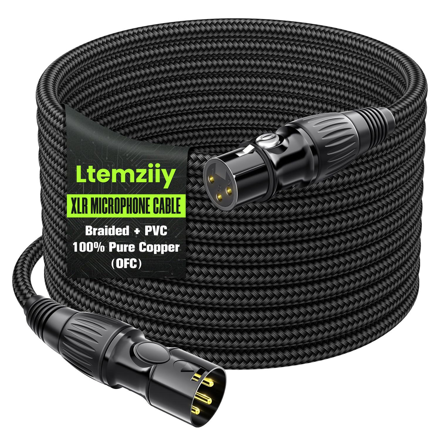 Cavo XLR da 30,5 m, da maschio a femmina XLR a XLR, cavo bilanciato per microfono, placcato oro a 3 pin, rame privo di ossigeno (OFC), cavo schermato intrecciato per microfono, per mixer