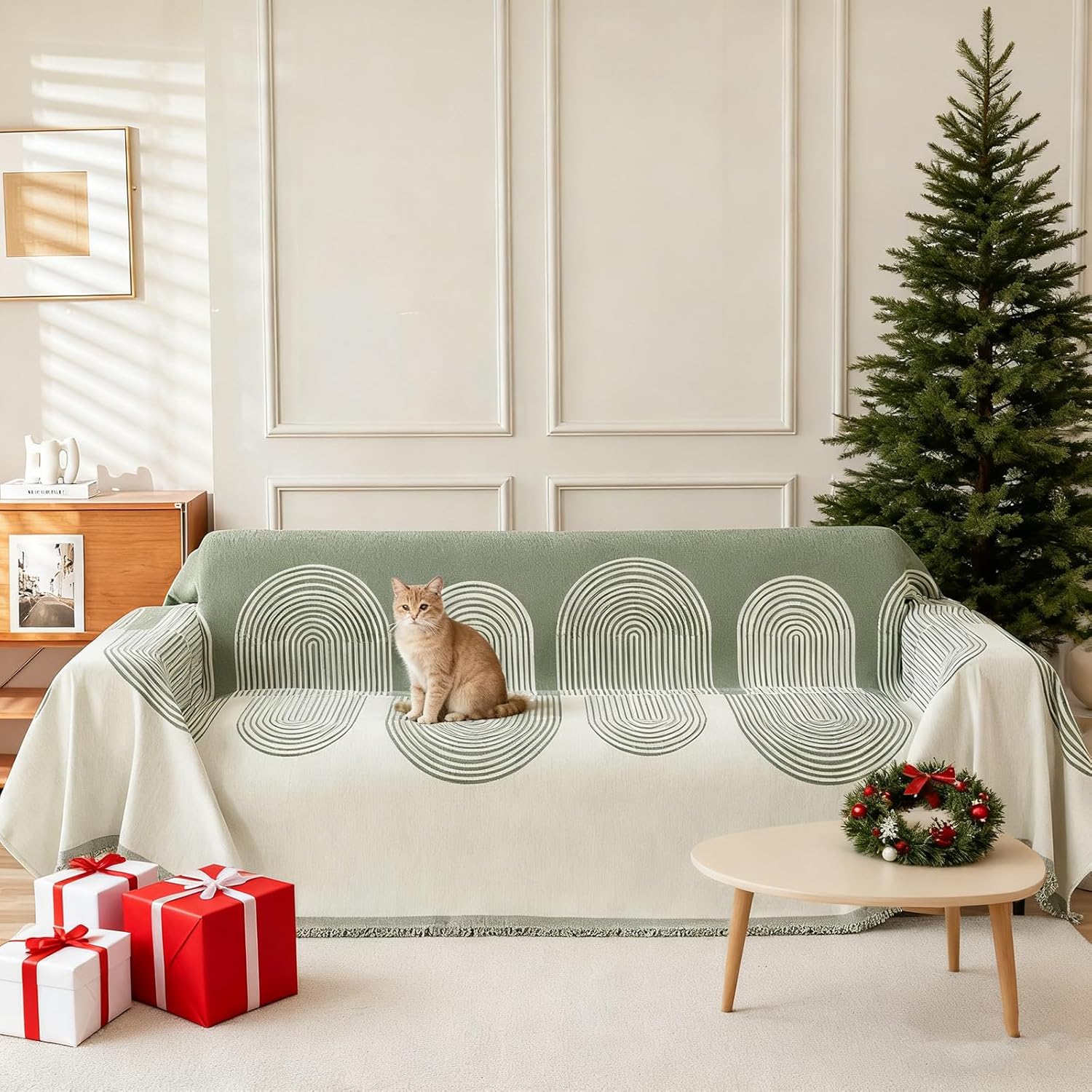 STACYPIK Bohemian Geometric Sofa Cover Thick Chenille Green Couch Cover Throw with Tassel Breathable Reversible Furniture Protector Living Room Pet Friendly Love Seat Slipcover for Sectional-71x118IN