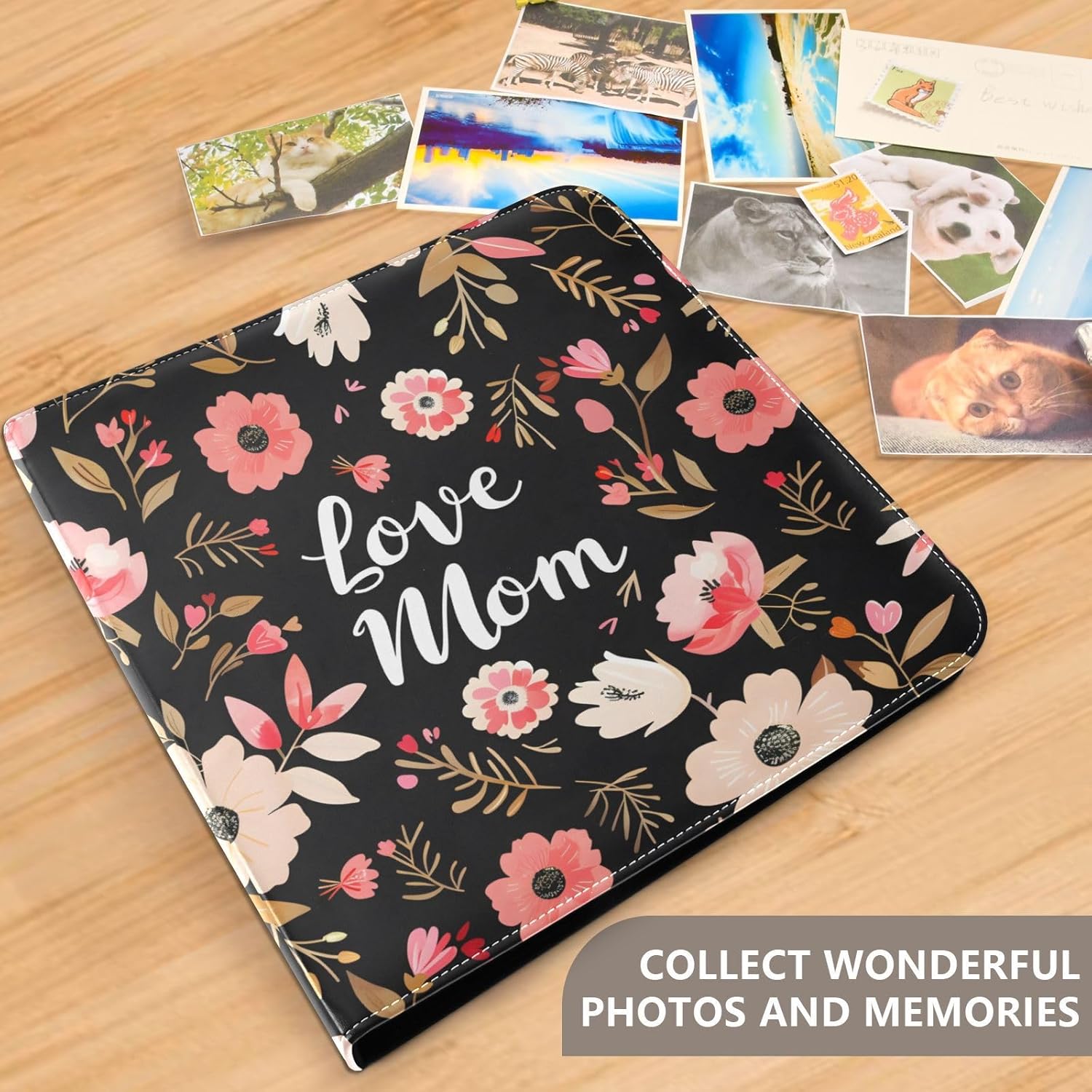 JIPONI Mother's Day Love Mom Large Photo Album, DIY Leather Cover Scrapbook Albums for 4x6 5x7 6x8 Pictures, Self Adhesive Memory Book for Wedding, Baby, Family
