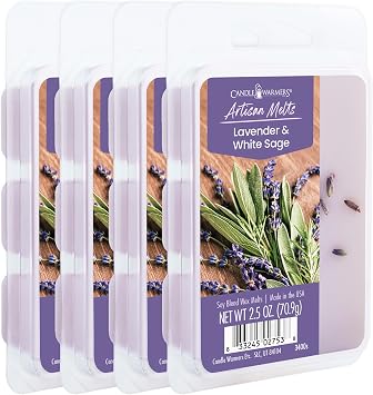 Candle Warmers Etc Artisan Wax Melts 2.5oz, Lavender & White Sage 4-Pack Each Pack has x4 2.5 oz Wax Melts and 30 Hours of Fragrance Perfect for bedrooms, Living Rooms, and bathrooms