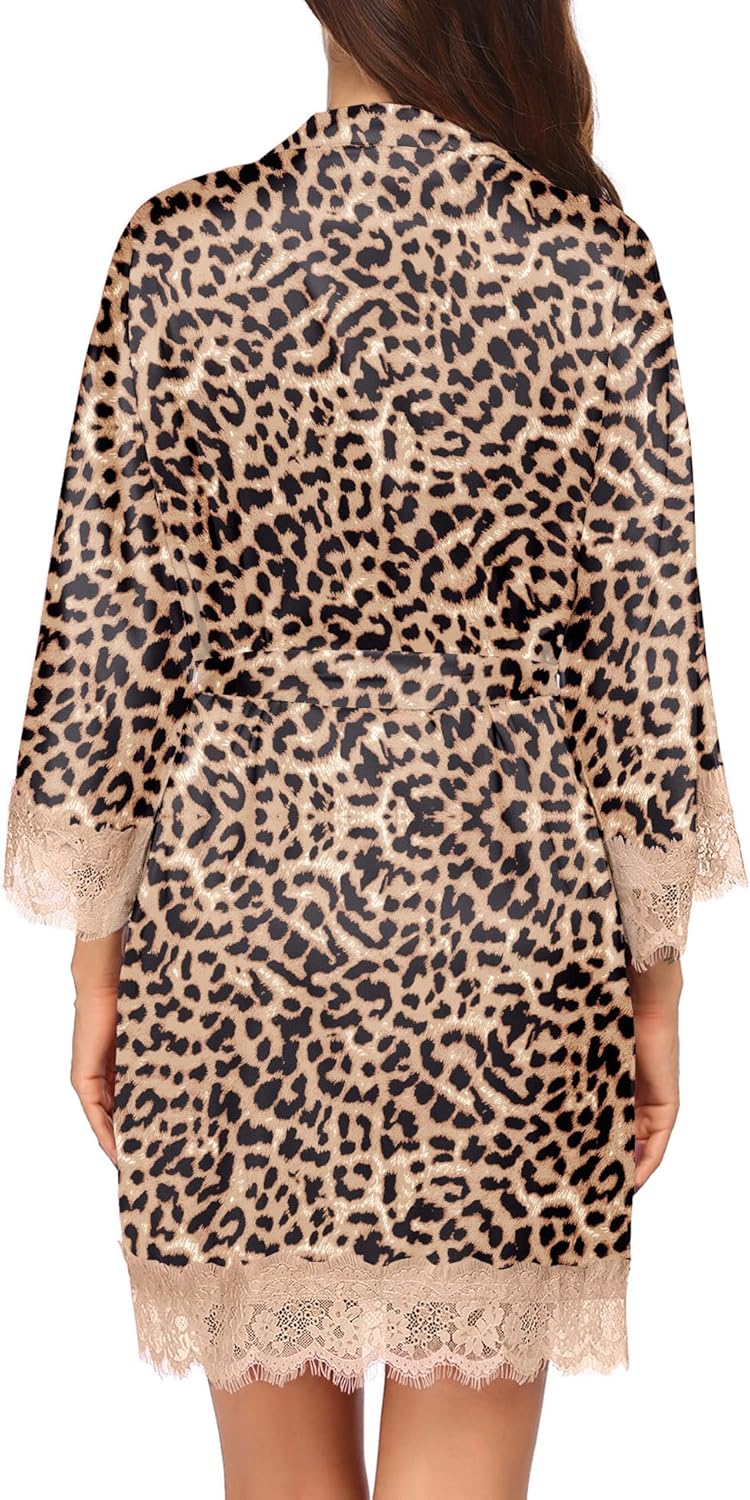 Ekouaer Womens Silk Robe Short Lace Trim Satin Robe 3/4 Sleeve Sexy Kimono Bride Bathrobe Comfy Sleepwear with Pockets - Image 4