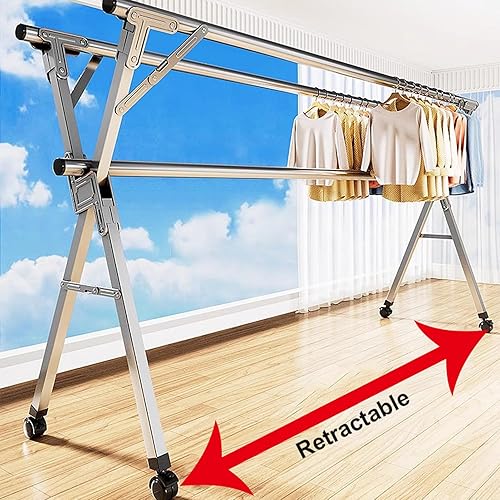 Miniatura 3 de Estante de secado ajustable de 94 pulgadas, estante de secado de ropa plegable y plegable, de acero inoxidable, resistente con ganchos resistentes