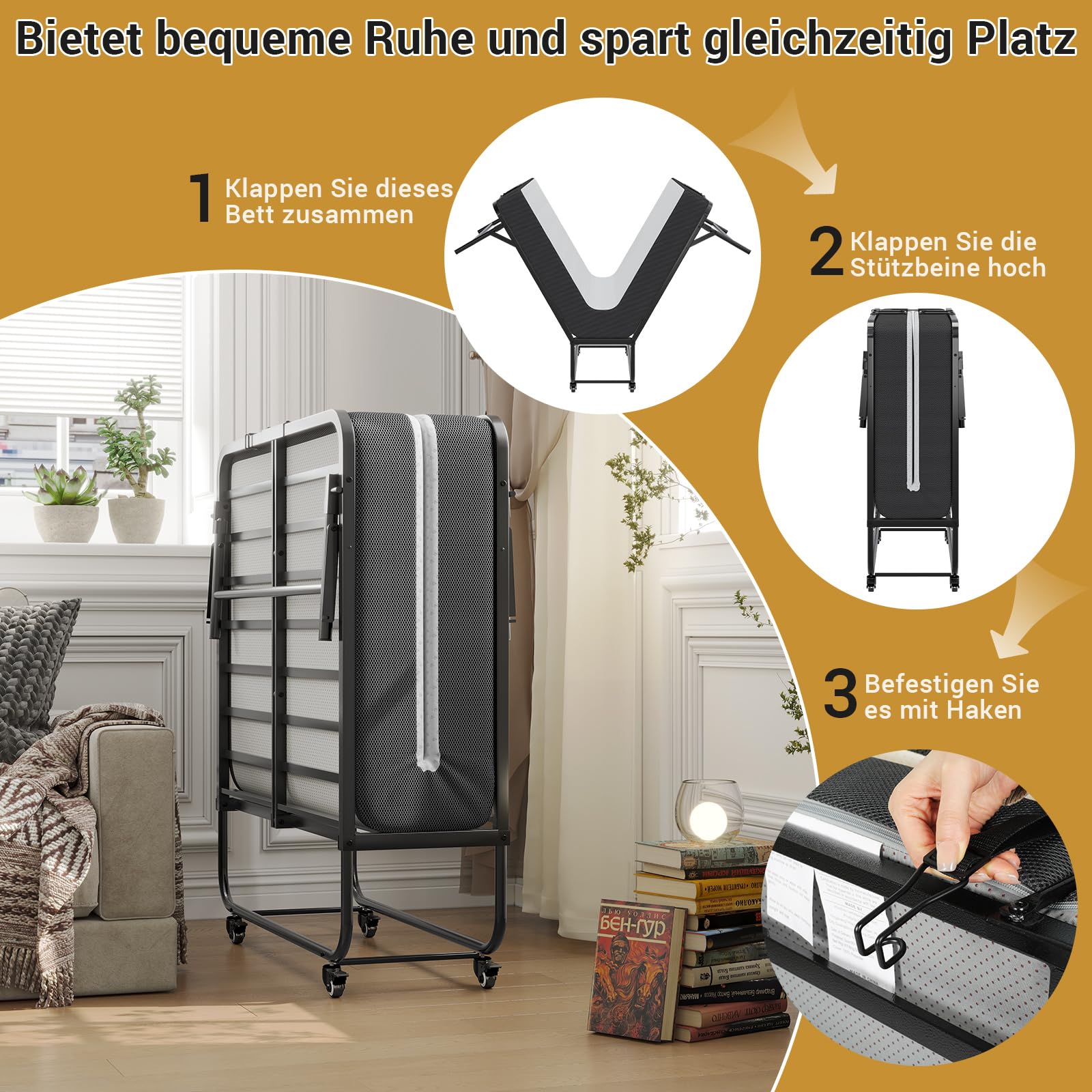 Brinlawb Gästebett Klappbar 90x200 cm mit 10cm Dicker Schaumstoff Matratze Klappbett 90x200 Erwachsene Langlebiger & Robuster Metallbettrahmen mit 4 Laufrollen Faltbares Reisebett bis 200 kg belastbar