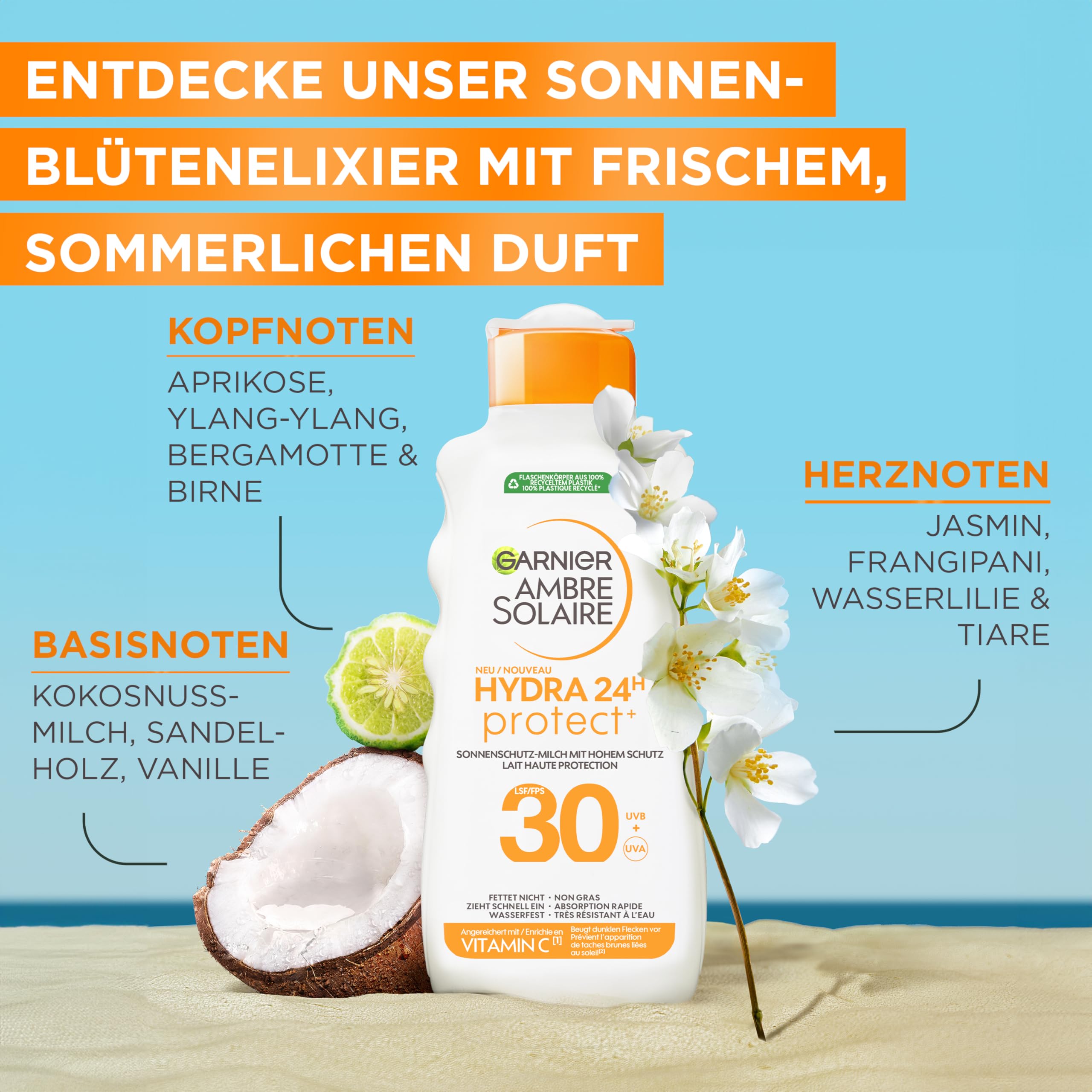 Garnier Ambre Solaire Hydra Protect+ mleczko chroniące przed słońcem, 24 h, LSF 30, ochrona przed promieniowaniem UVA i UVB, z witaminą C, 175 ml