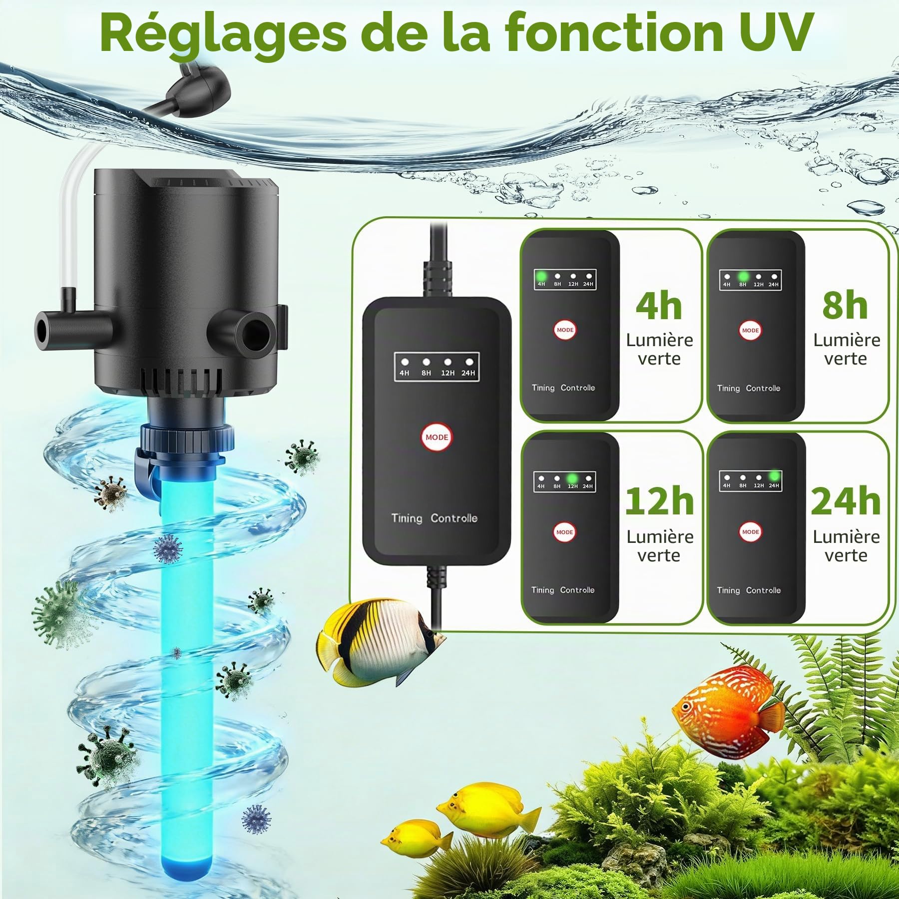 OMECO Filtre intérieur 5 en 1 pour aquarium avec stérilisateur U-V de 6 W et minuterie, 500 L/h UVC pour aquariums de 60 L à 150 L, pompe d'aquarium avec ventilation et douche de pluie