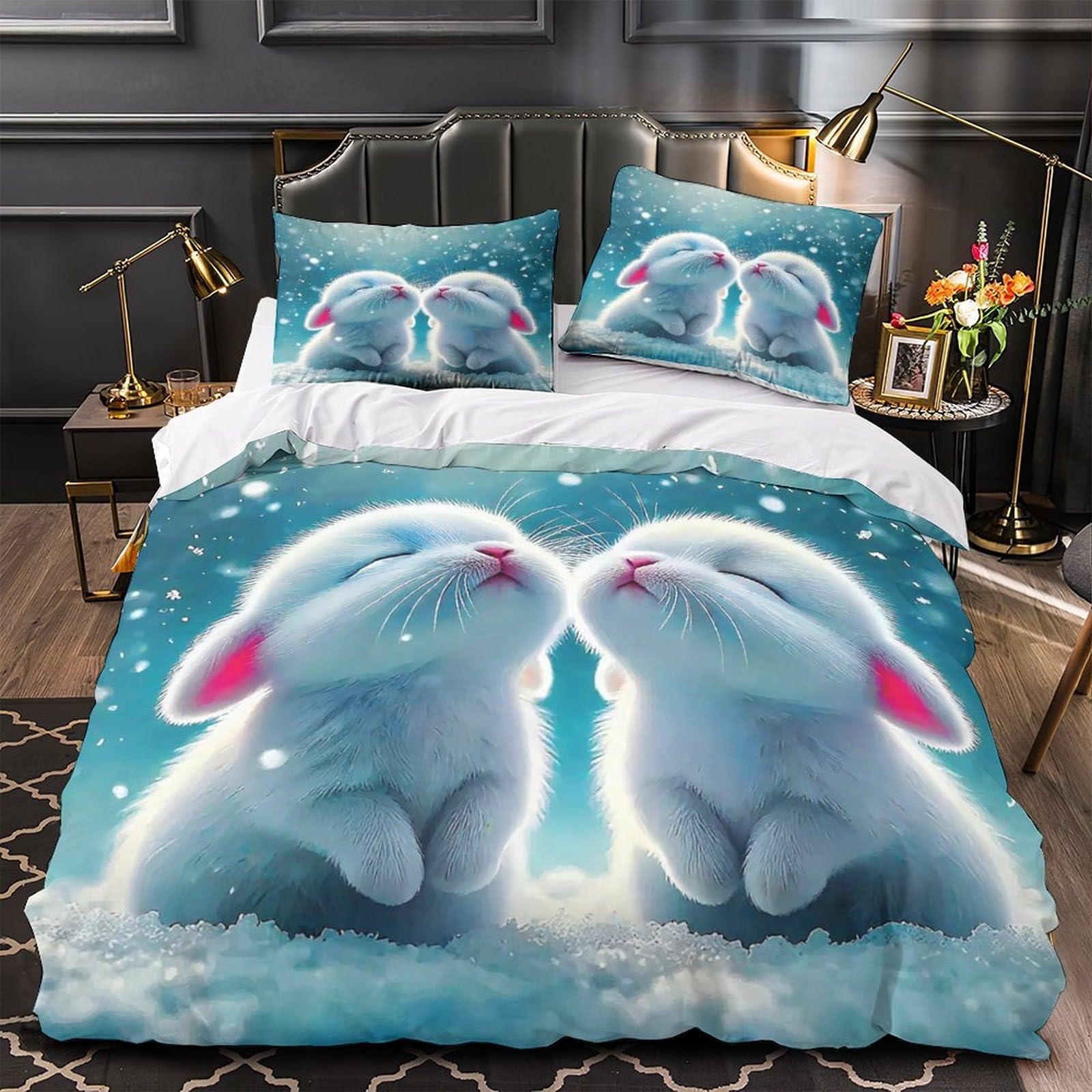 Parure de lit lapin 200x200 cm en microfibre douce et zippée pour enfant