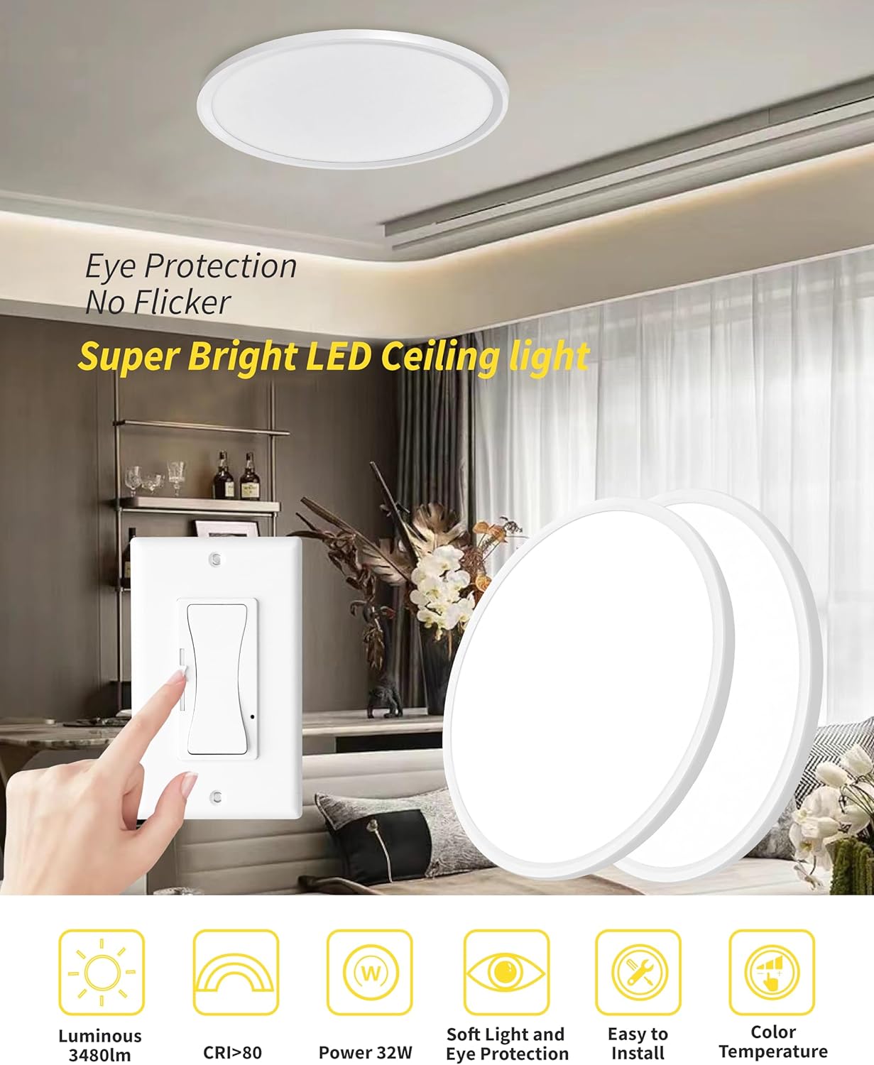 4Pack 16 Inch Dimmable LED Flush Mount Ceiling Light Panel,32W 3480LM,3000K/4000K/6000K CCT Selectable,Ultra Thin Round White Ceiling Light Fixture for Hallway Kitchen Bedroom Home Office Bathroom
