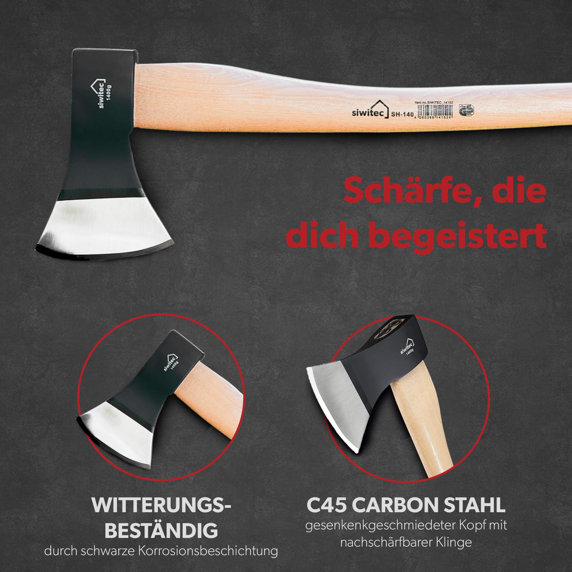 siwitec Holzaxt Set, 600 & 1400 Gramm Kopfgewicht, Spaltaxt für Holz, Camping & Survival Axt
