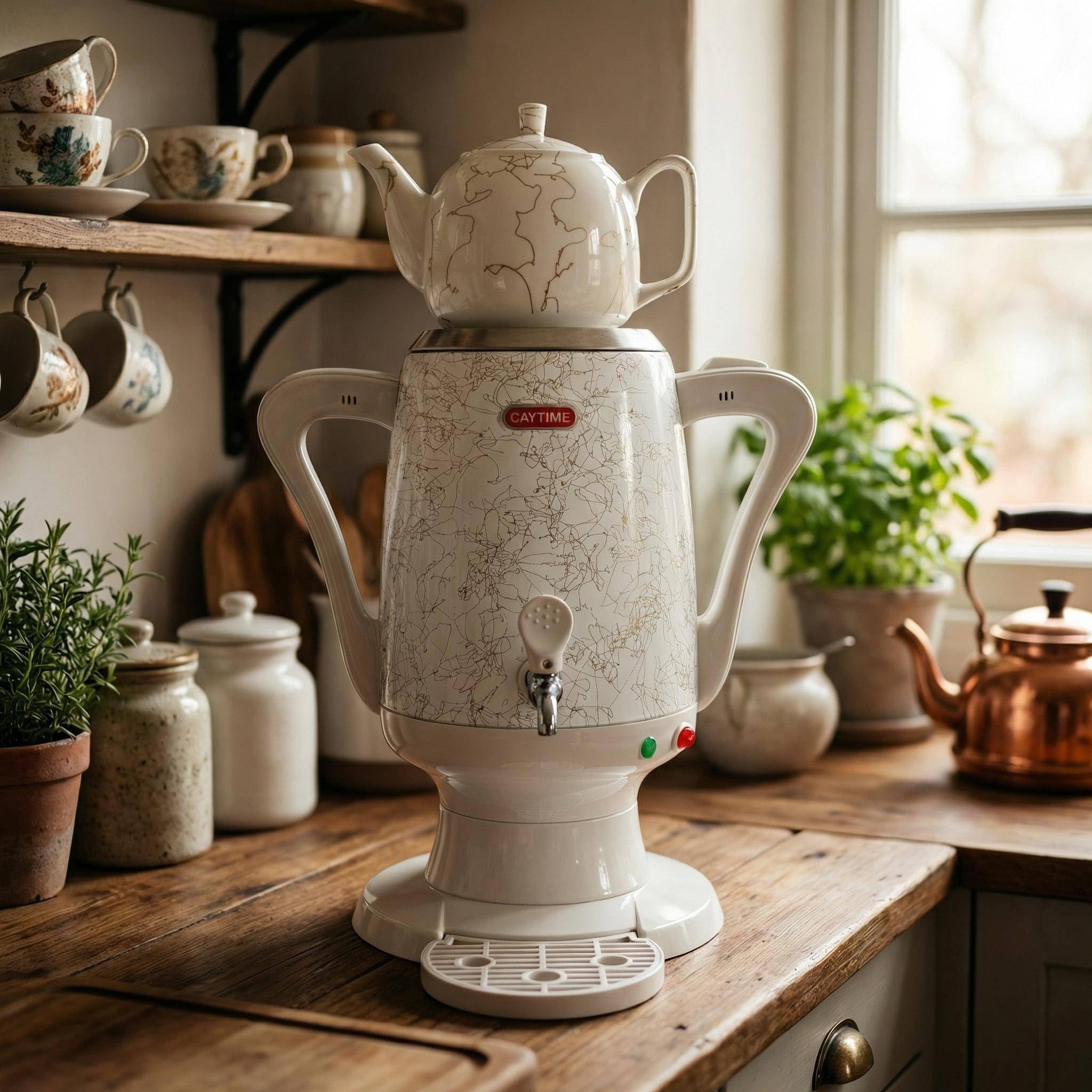 Samowar 3,5 L Semaver Edelstahl – Teekocher mit weißer Keramikkanne/Elektrischer Samowar im modernen Design
