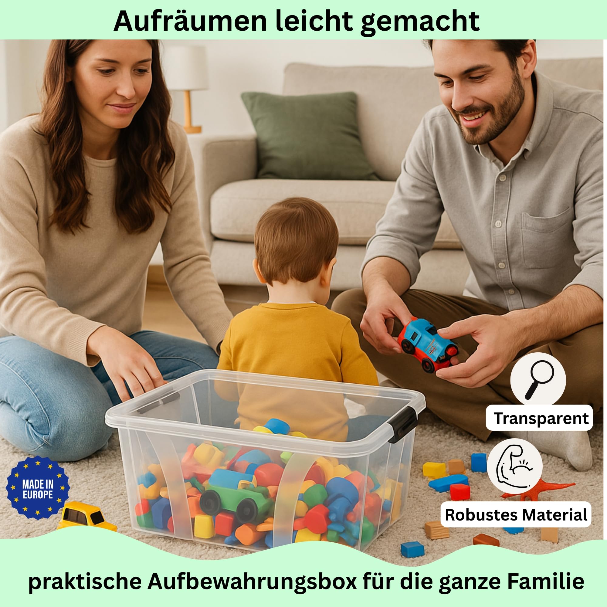 Aufbewahrungsboxen 4x 55Liter mit Deckel, lebensmittelecht - Verschlussclips - 100% Neumaterial Plastik-Box transparent - Kleiderboxen stapelbar & HLKauf-Block