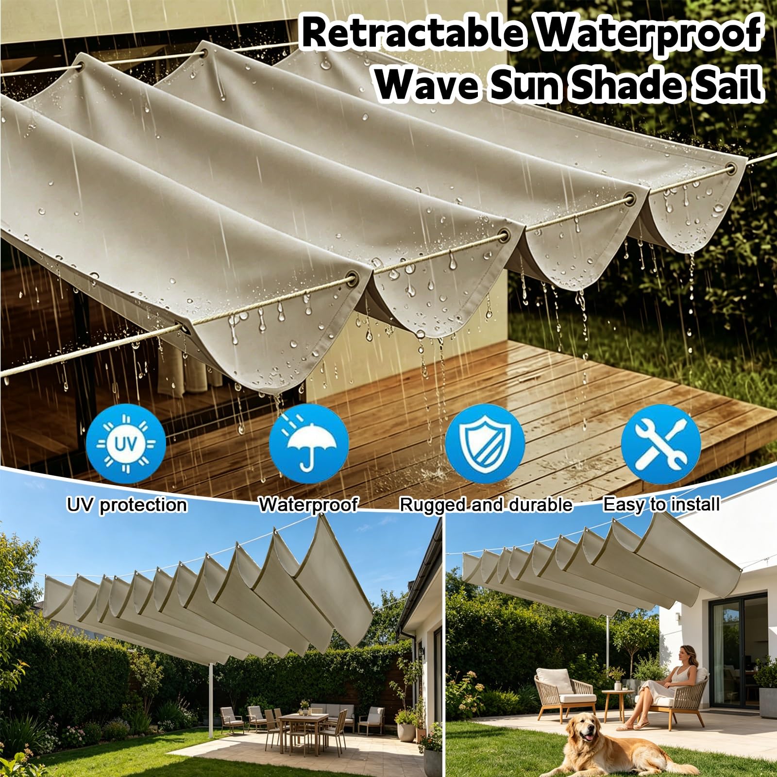 Toldo Retráctil Tipo Ola 100 x 700 cm con Ojales y Cuerda, Vela Sombra Impermeable y Rectangular con Bloqueo UV y Resistencia a Desgarros para Jardín Porche Patio Barbacoa, Caqui