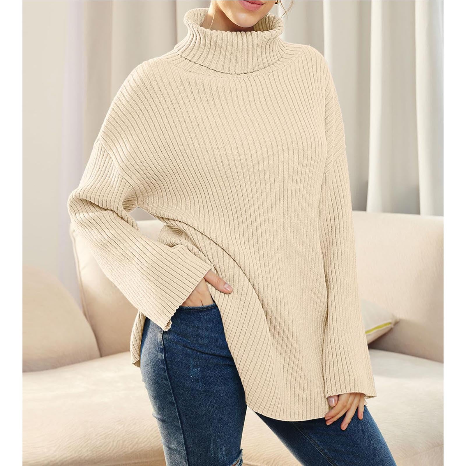 Greabuy Maglione a collo alto oversize alla moda da donna maglione a costine felpa per donna maglione casual camicie da donna maglioni da donna felpe leggere in maglia, Verde militare, L