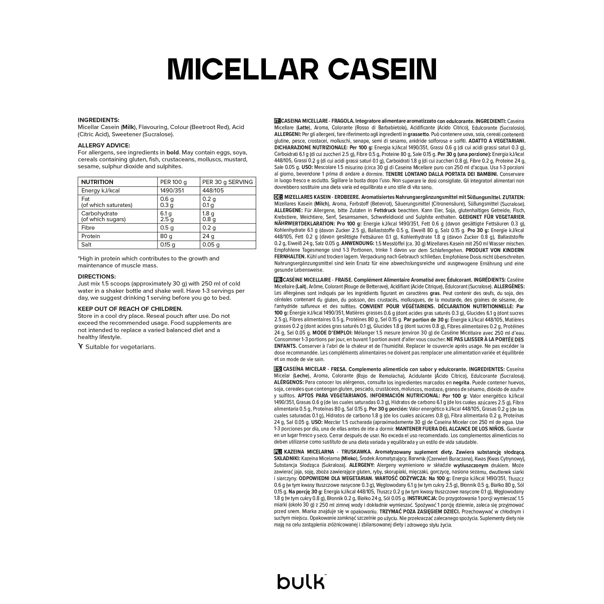 Bulk Caseina micellare, Frullato proteico, Fragola, 2.5 kg, 83 porzioni