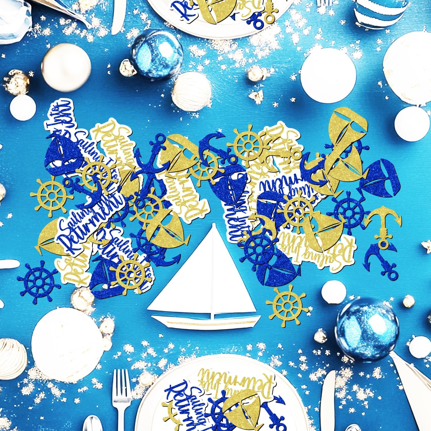 200pcs Nautical Theme Confetti, Sailing Into Retirement Table Decorations Blue Gold Nautical Themed Retirement Paper Scatter Happy Retirement Party Decor for Officially Retired Sailor Men Retirement