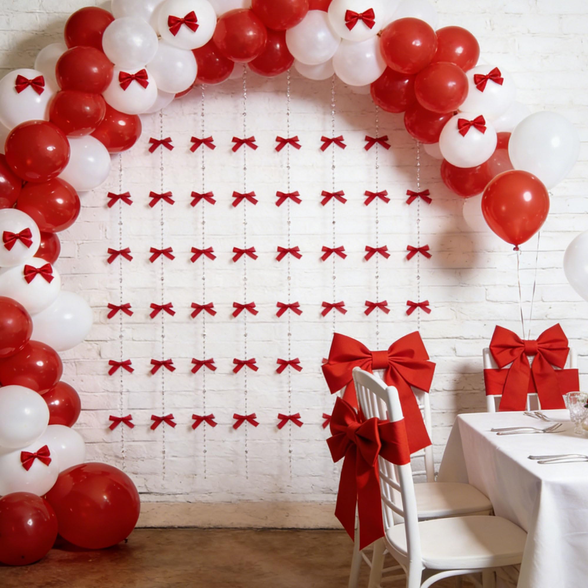 8 PCS Red Bow Garland Banner Coquette Ribbon Party Decorations for Birthday Bridal Shower Wedding Engagement Baby Shower Supplies