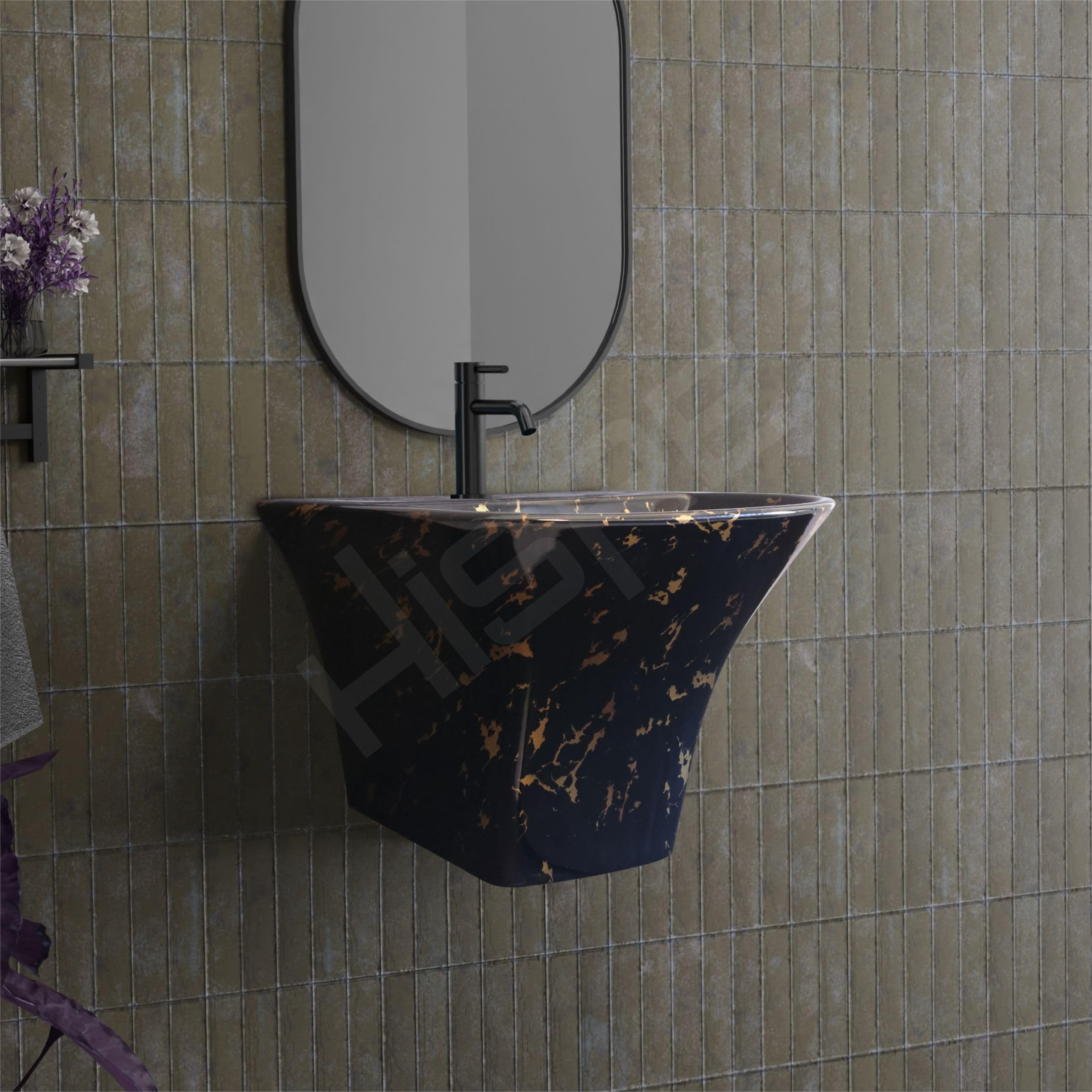 Hisre Modern Wall-Mounted Matte Ceramic Wash Basin with Curved Rectangular Design | Space-Saving Floating Bathroom Sink for Contemporary Interiors (Black 1024), photo 2 of 5