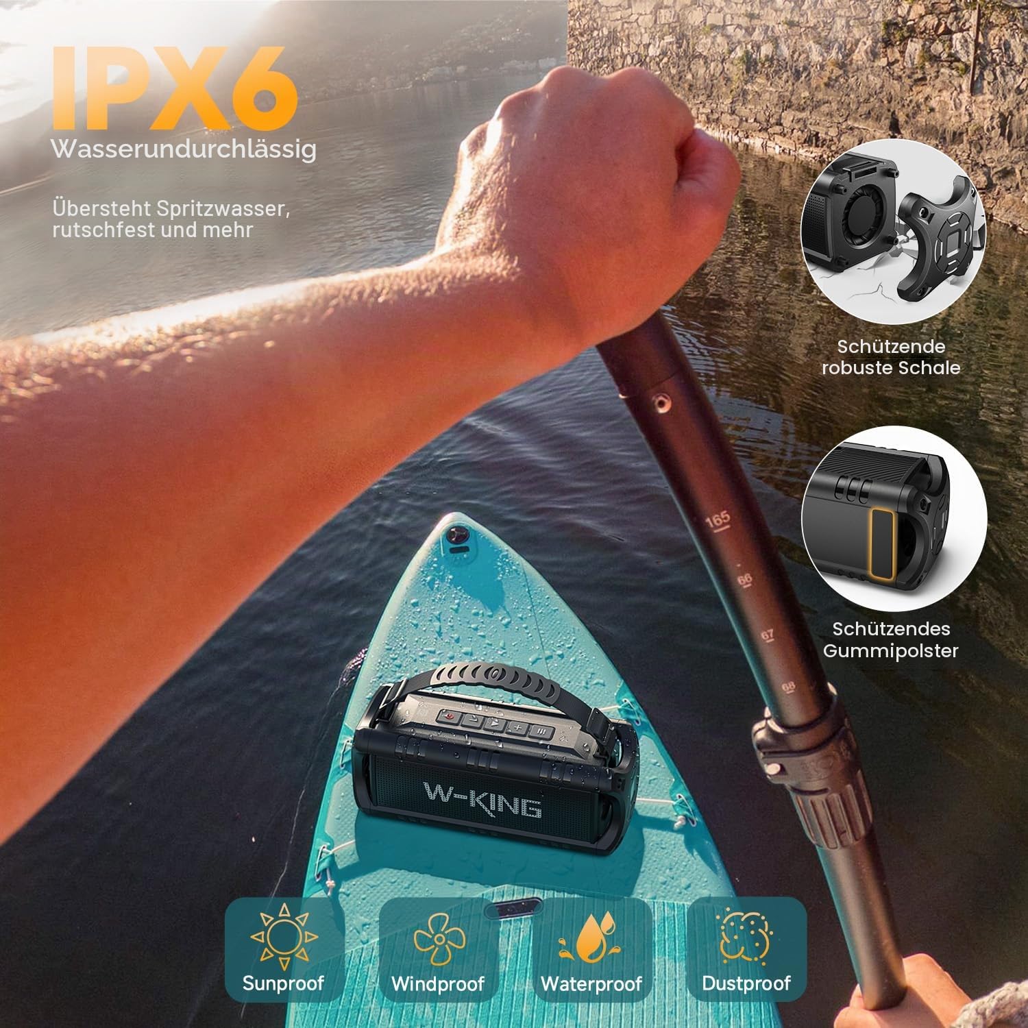 W-KING Bluetooth Lautsprecher Box (60W Peak) 30W IPX6 Outdoor Musikbox | Wasserdicht Tragbarer Party Boombox Camping Soundbox, Sattem Bass, Robust. Schwimmf. 24H, TF-Karte, USB-Wiedergabe, AUX, EQ