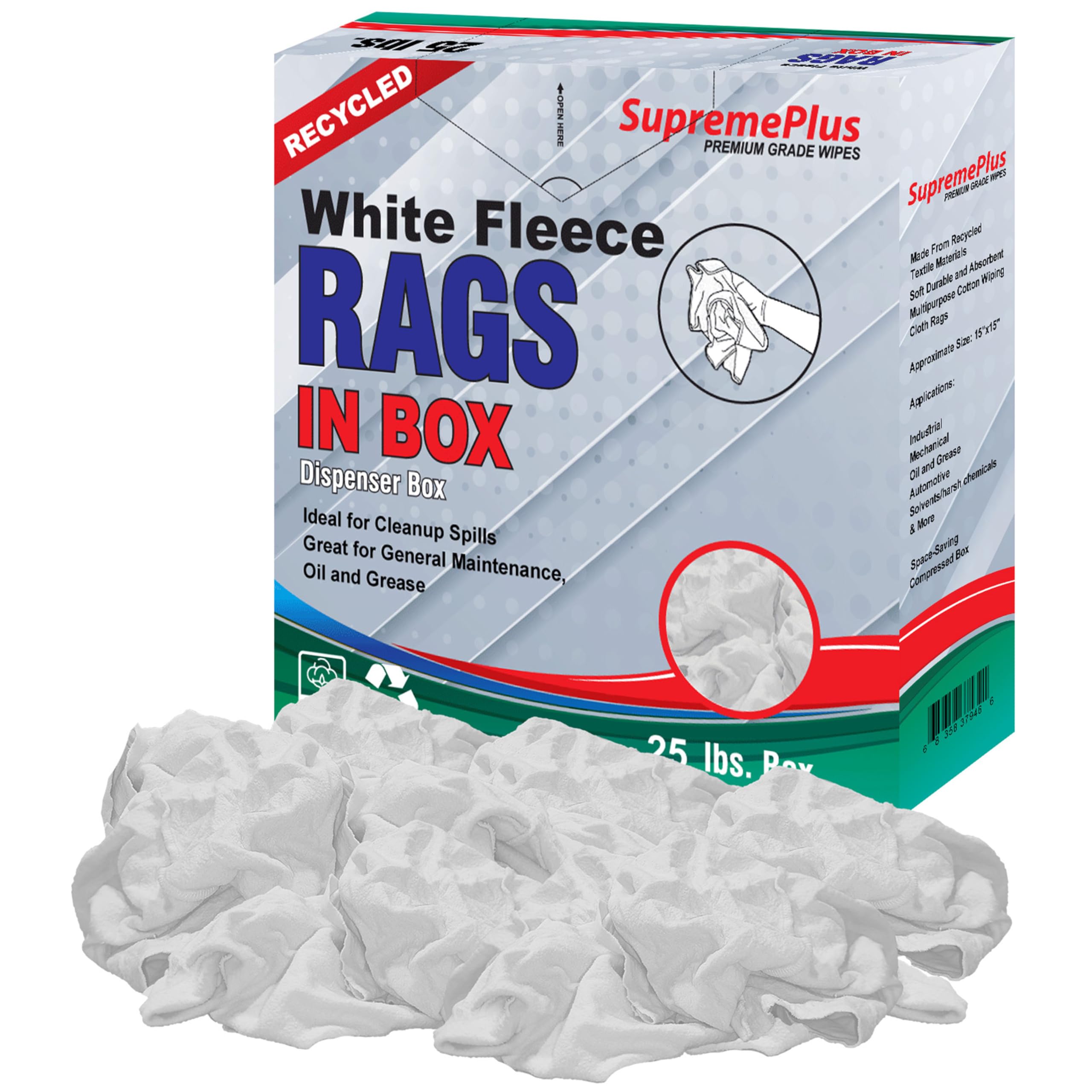 SupremePlus Recycled White Fleece 25 lbs. Compressed Box of Rags - Ultra Soft & Absorbent Wiping Cloths for Oil, Grease, Dust & General Cleanup - Shop Rags for Garage, Workshop & Industrial Use