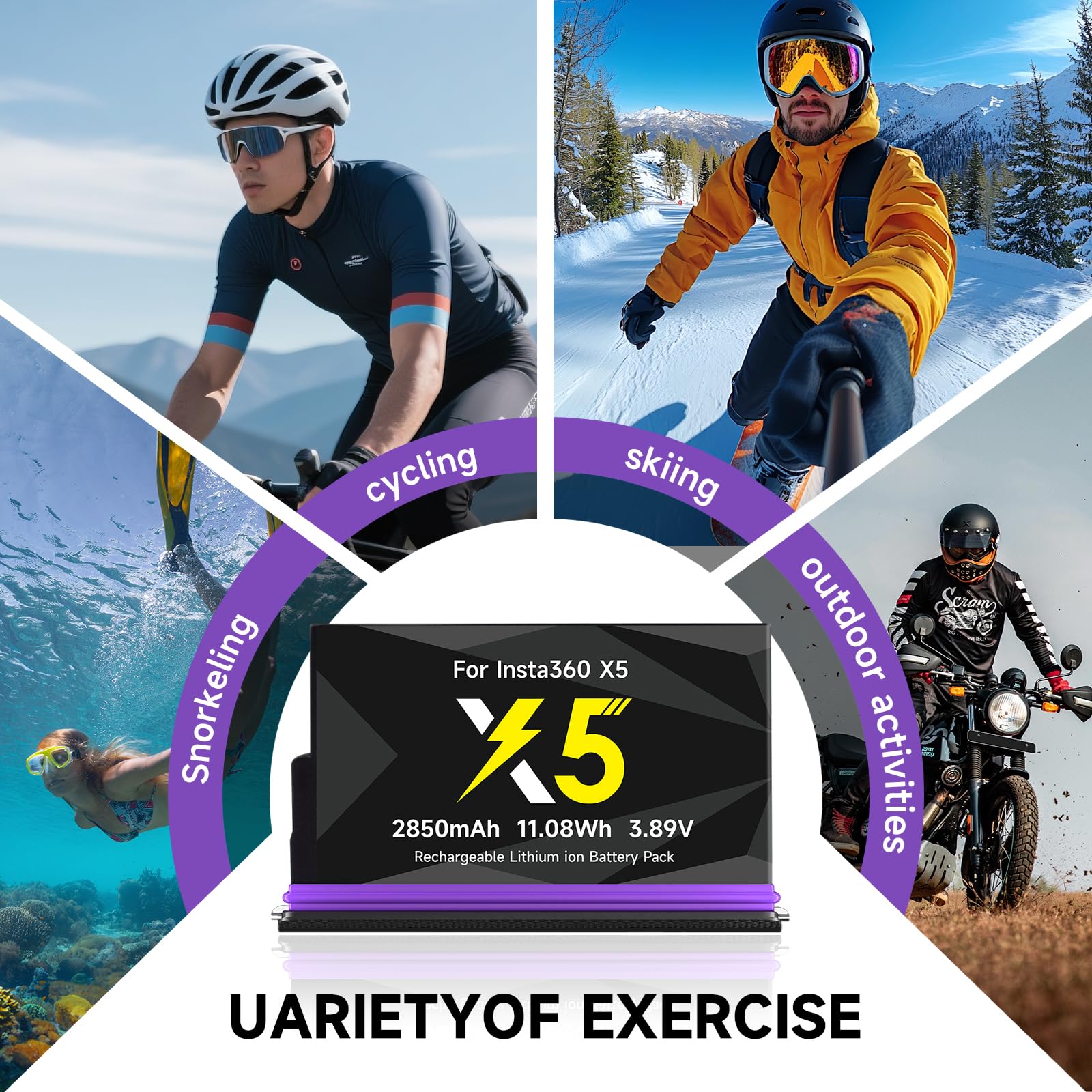 CITYORK [Lot de 3] Batterie de rechange 2850 mAh pour appareil photo de sport Insta360 X5, batterie rechargeable pour accessoires Insta360 X5, longue durée de vie, remplacement facile [avec boîtier