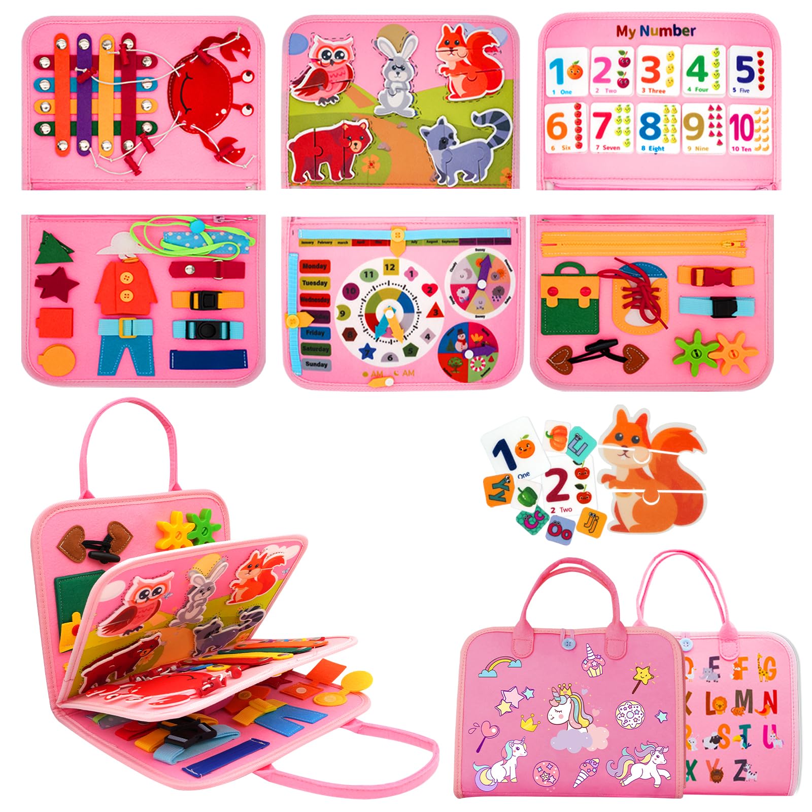 MEGRANATE Montessori Busy Board, Busy Book Educational Learning Toys for Kids Quiet Book Activity Books Fine Motor Skills Toys for 3+ Year Old Kids (Pink)