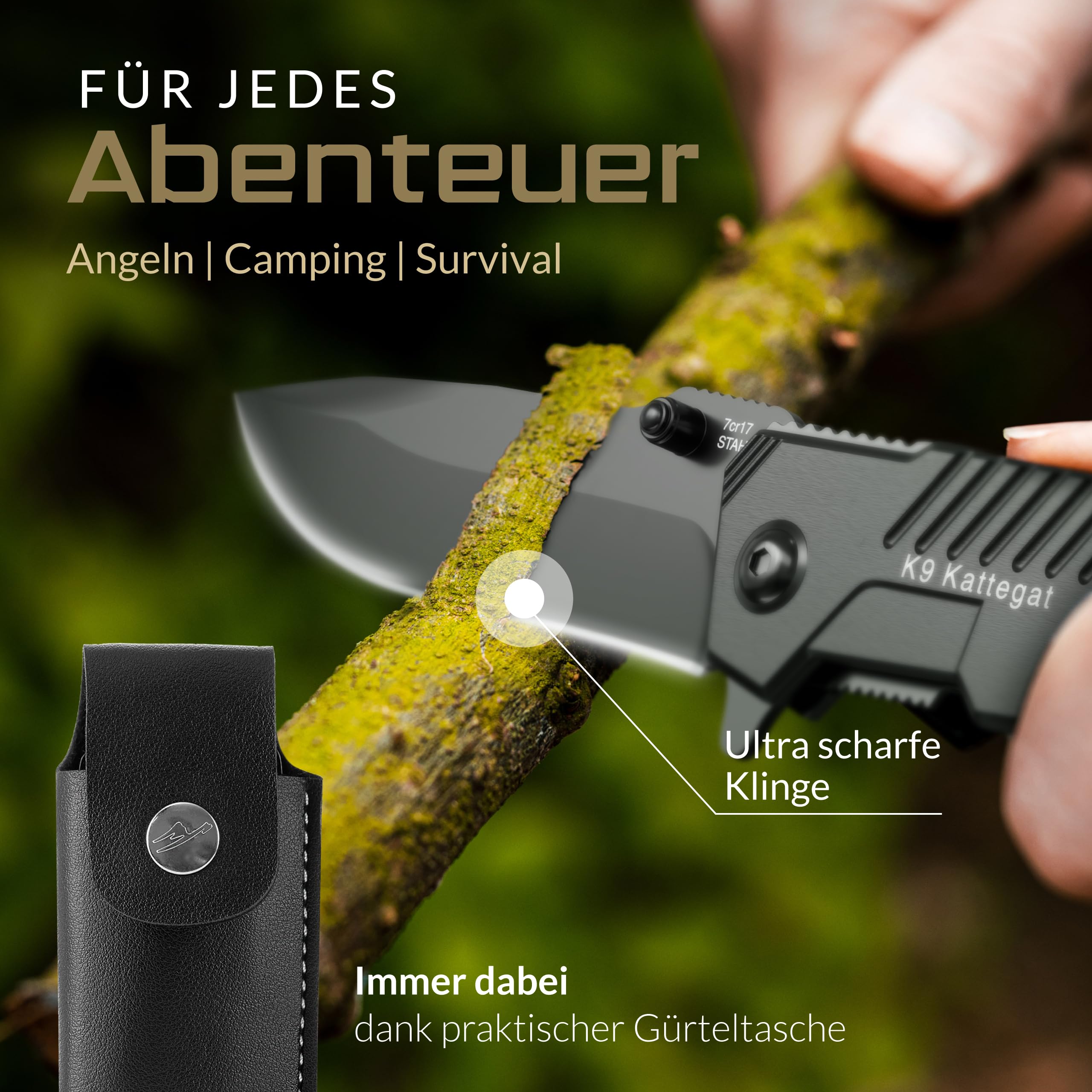 BERGKVIST® K9 Klappmesser für Outdoor & Survival [Einhandmesser] | scharfes Taschenmesser mit Edelstahlklinge, Feuerstahl & Gürteltasche, Vollmetall, schwarz
