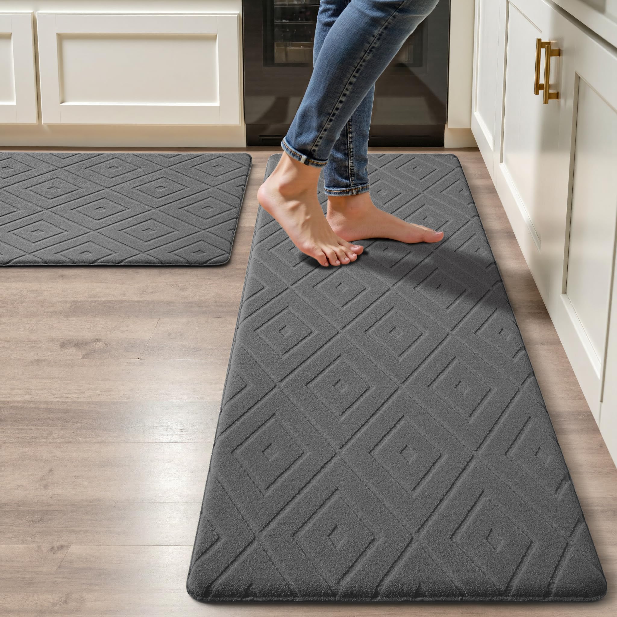 Tritard Kitchen Mats for Floor Set of 2, 17.3"x28"+17.3"x47", Grey | Absorbent High-Low Polypropylene PVC, Cushioned Non Slip Anti Fatigue, 1/2 Inch Comfort Standing, Textured Rhombus