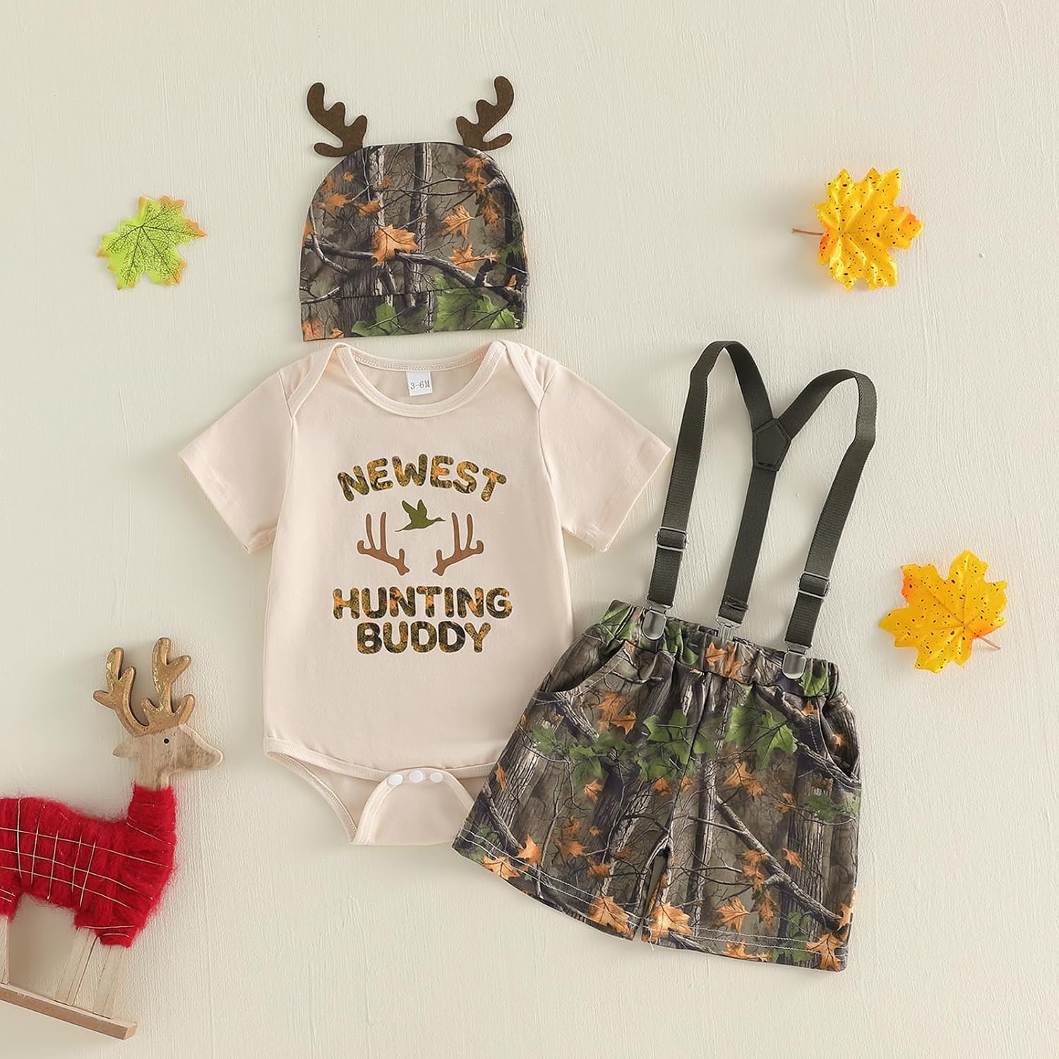 GOOCHEER Newborn Baby Boy Clothes Hunting Short Sleeve Romper Shirt Tops Removable Strap Shorts Summer Outfits Hat Set