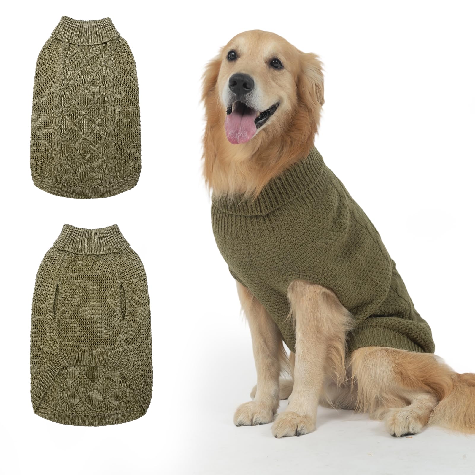Mihachi Turtleneck Dog Sweater - Winter Coat Apparel Classic Cable Knit Clothes with Leash Hole for Cold Weather, Ideal Gift for Pet in New Year Army Green New ML