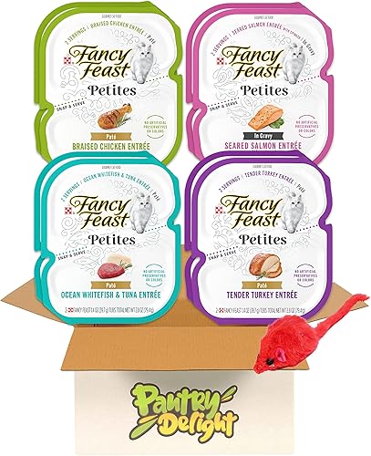 Paquete variado de 8 unidades pequeñas en paté y salsa, pescado blanco del océano, salmón de Alaska, pollo estofado y pavo tierno comida húmeda para