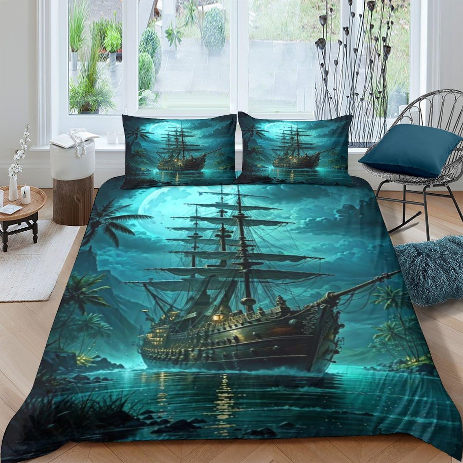 Aaharya Pirate Ship 3D Printed Design Duvet Cover Set,Soft Microfiber,With Pillowcases,Hidden Zipper, Bedding Set Double（200X200cm）
