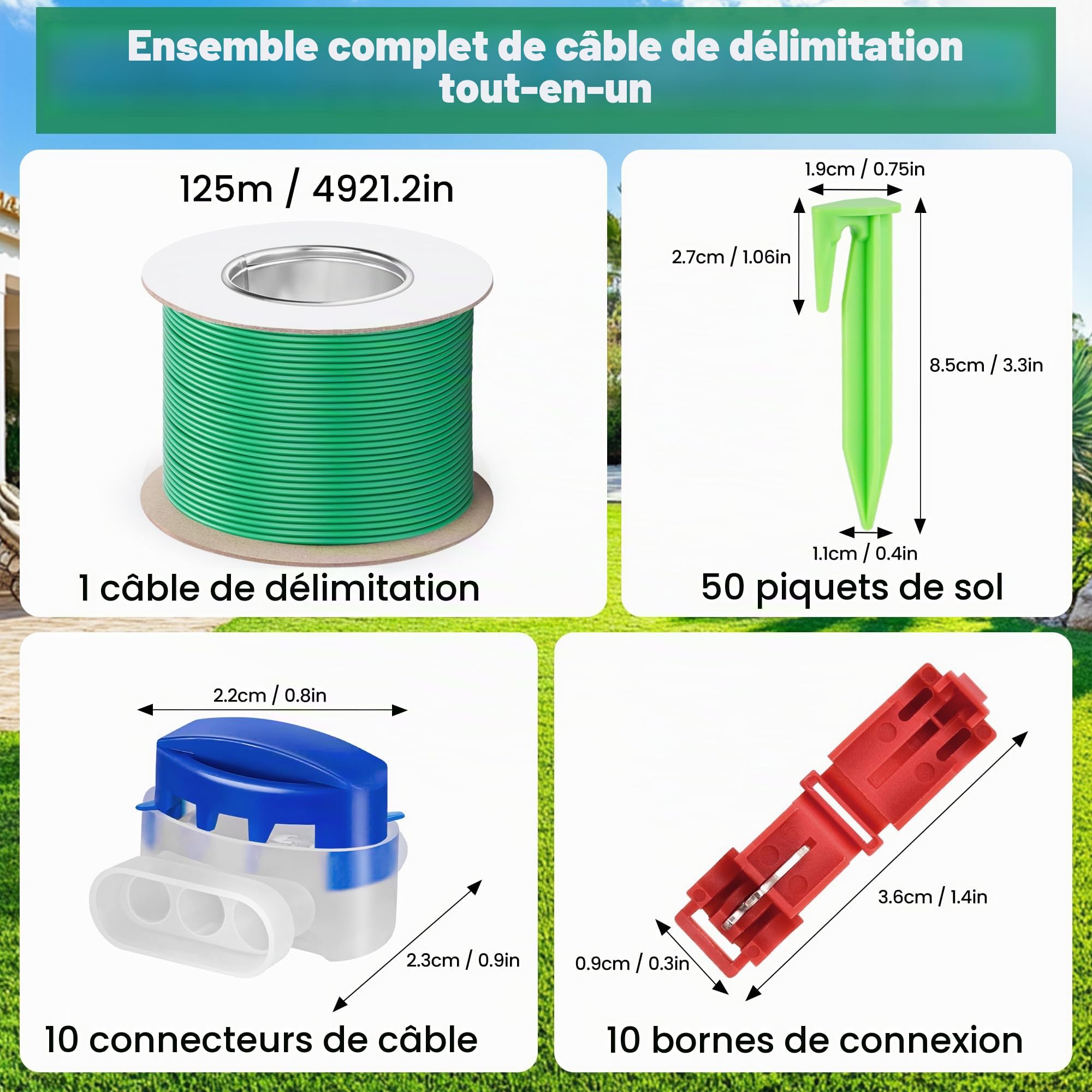 COZCLAM 125m Câble de délimitation +50 Piquets +10 Connecteurs de Câble +10 Bornes De Connexion pour Tondeuses Robot, Kit d'accessoires Câble de Recherche Universel, Compatible avec Gardena/Bosch/Worx